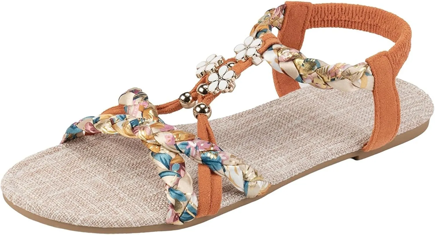 Summer Sandals for Women 2025 Trendy,Boho Sandals for Women Arch Support,Women Sandals Flats for Comfortable Elastic Ankle Strap Beach Shoes,Beaded Sandals for Woman