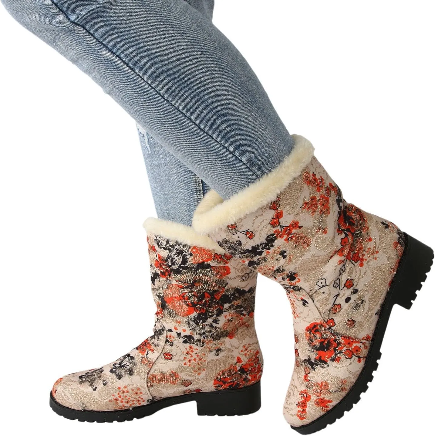 Trendy Printed Warm Boots for Women Fleece Lined Mid Calf Cold Proof Boots Slip On Winter Womens Snow Boots