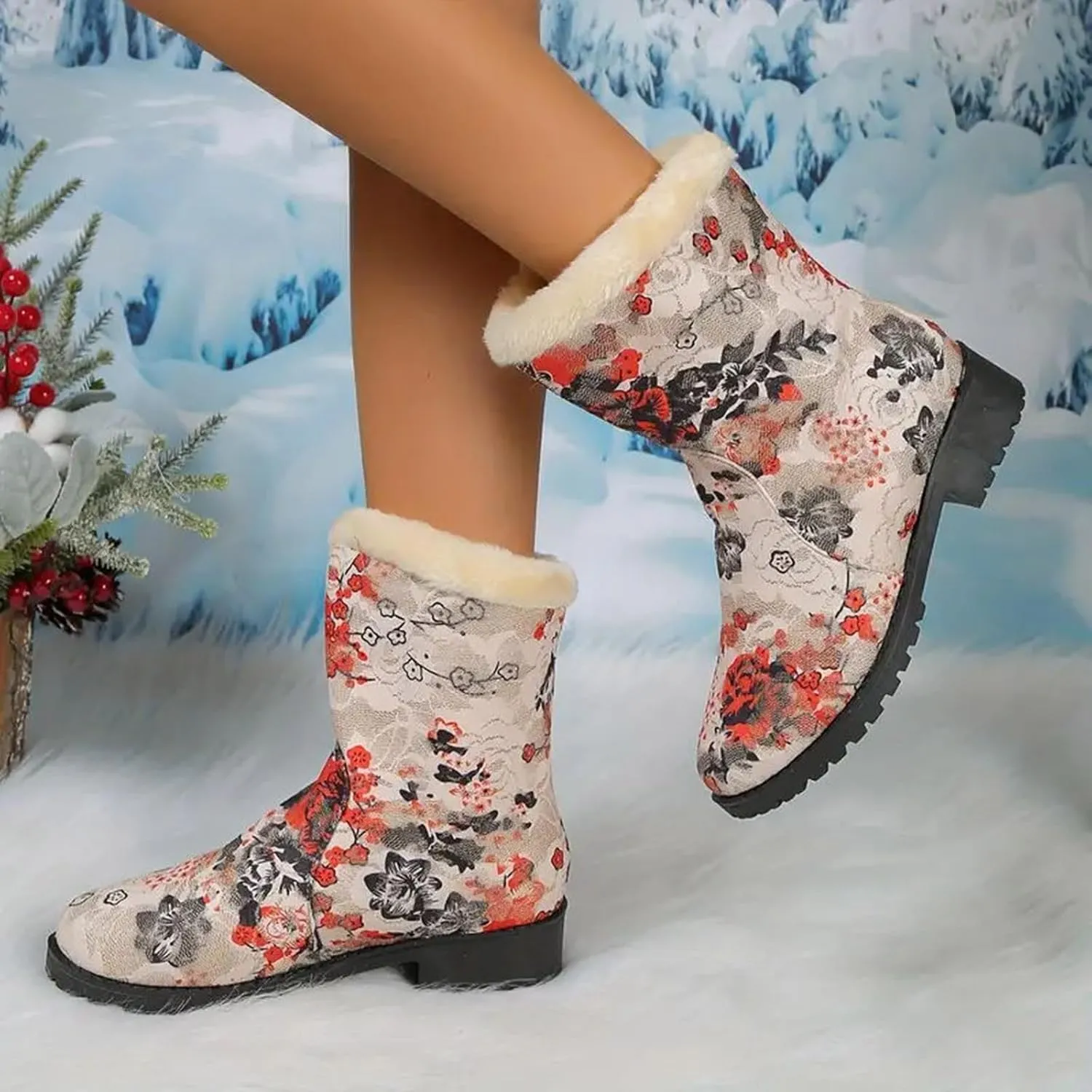 Trendy Printed Warm Boots for Women Fleece Lined Mid Calf Cold Proof Boots Slip On Winter Womens Snow Boots