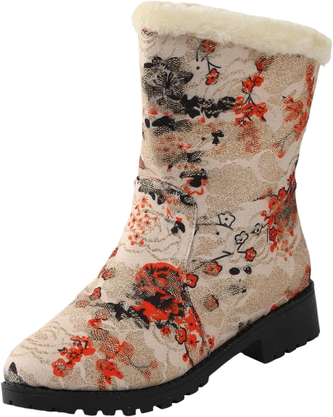 Trendy Printed Warm Boots for Women Fleece Lined Mid Calf Cold Proof Boots Slip On Winter Womens Snow Boots
