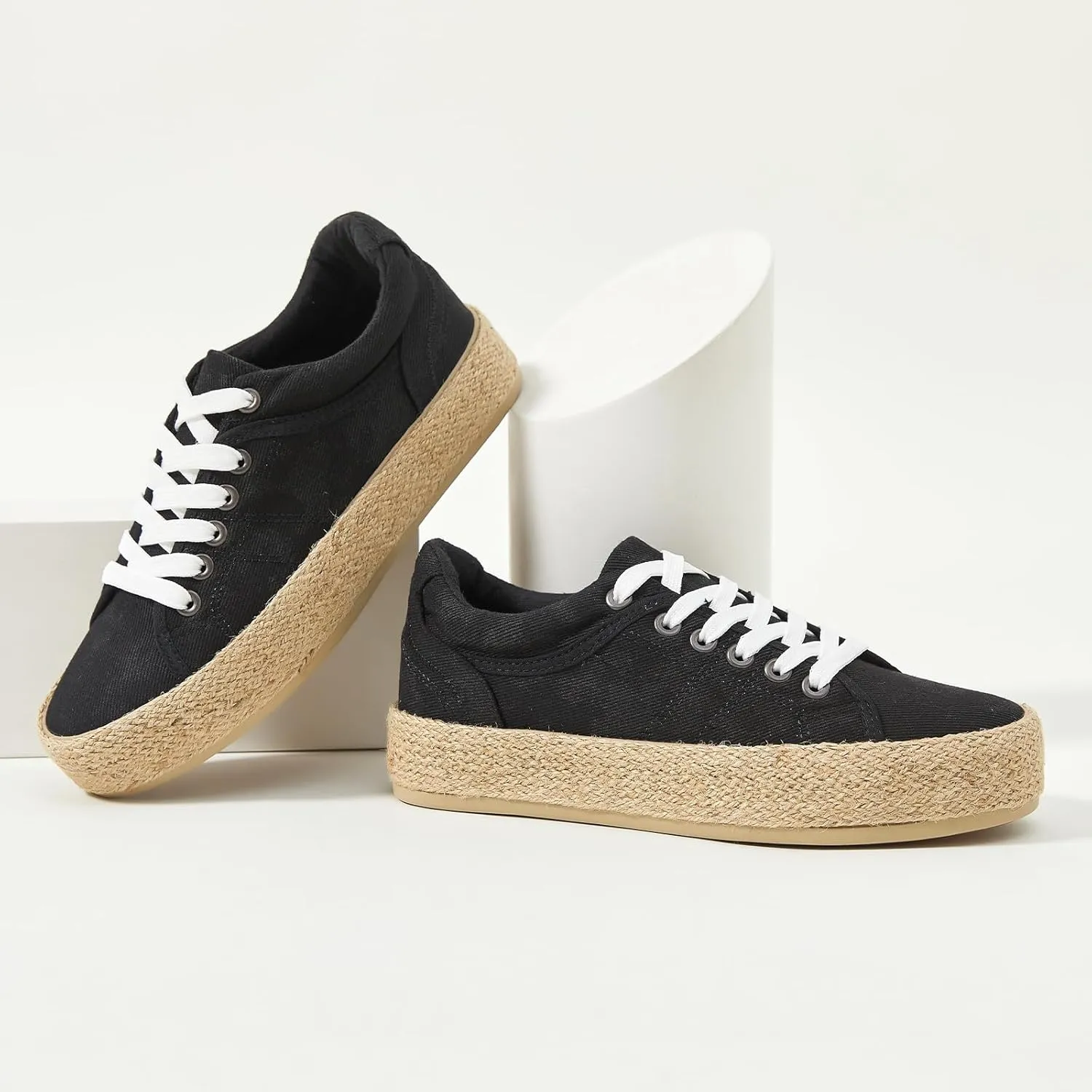Uoidru Canvas Shoes for Women Platform Sneakers Soft Washed Demin Canvas Sneakers Lace Up Canvas Platform Shoes Low Top Womens Fashion Sneakers