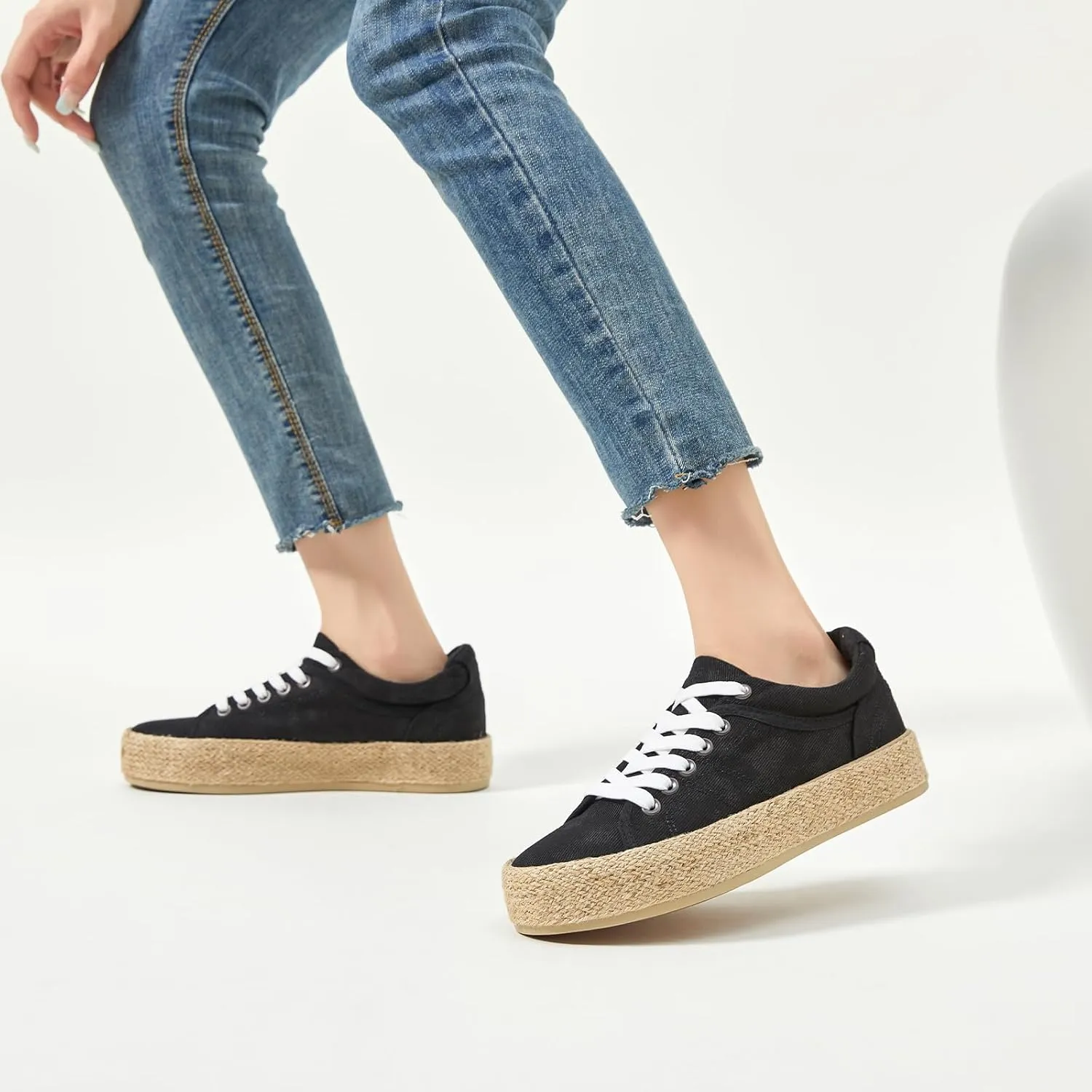 Uoidru Canvas Shoes for Women Platform Sneakers Soft Washed Demin Canvas Sneakers Lace Up Canvas Platform Shoes Low Top Womens Fashion Sneakers