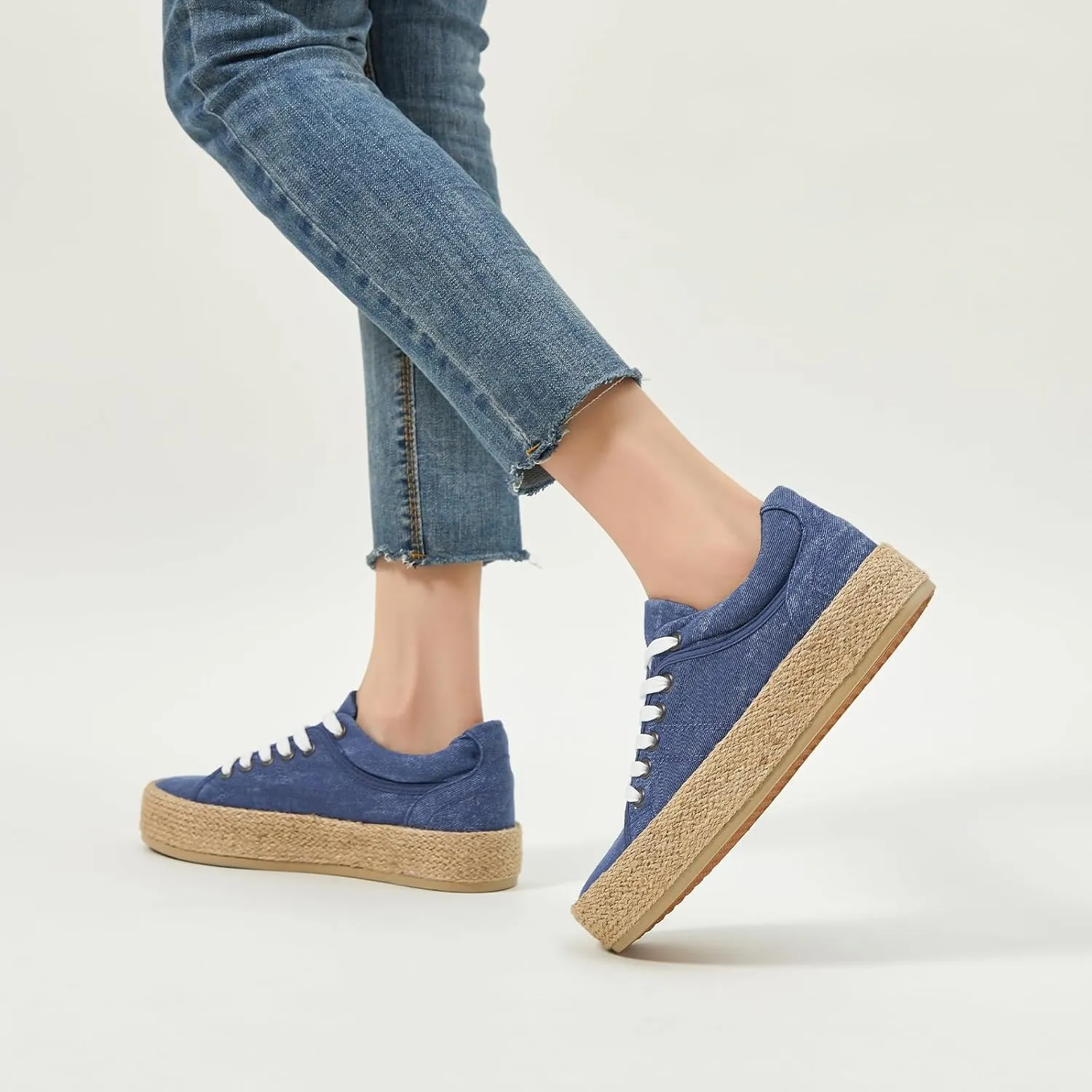 Uoidru Canvas Shoes for Women Platform Sneakers Soft Washed Demin Canvas Sneakers Lace Up Canvas Platform Shoes Low Top Womens Fashion Sneakers