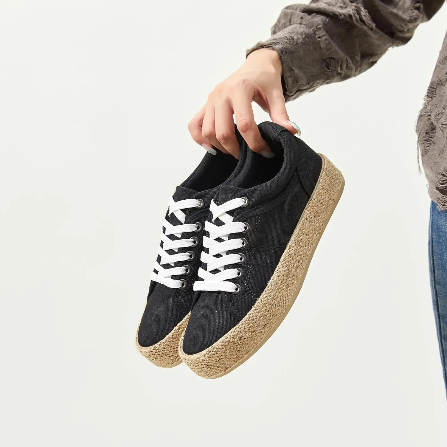 Uoidru Canvas Shoes for Women Platform Sneakers Soft Washed Demin Canvas Sneakers Lace Up Canvas Platform Shoes Low Top Womens Fashion Sneakers