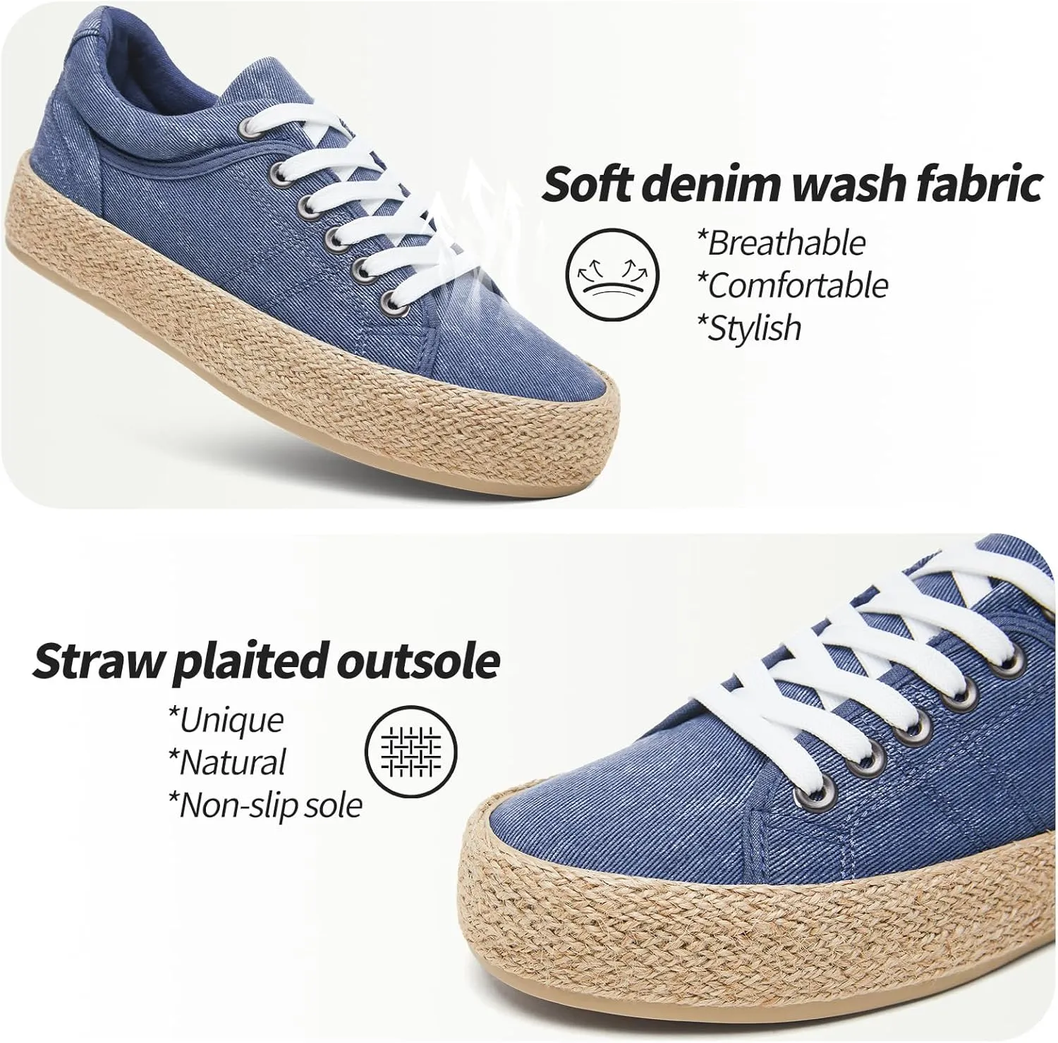 Uoidru Canvas Shoes for Women Platform Sneakers Soft Washed Demin Canvas Sneakers Lace Up Canvas Platform Shoes Low Top Womens Fashion Sneakers