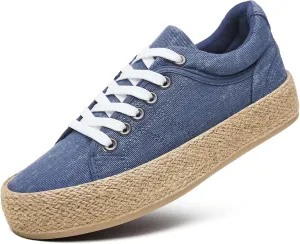 Uoidru Canvas Shoes for Women Platform Sneakers Soft Washed Demin Canvas Sneakers Lace Up Canvas Platform Shoes Low Top Womens Fashion Sneakers