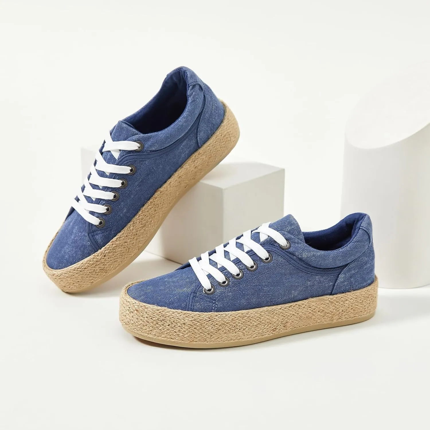 Uoidru Canvas Shoes for Women Platform Sneakers Soft Washed Demin Canvas Sneakers Lace Up Canvas Platform Shoes Low Top Womens Fashion Sneakers