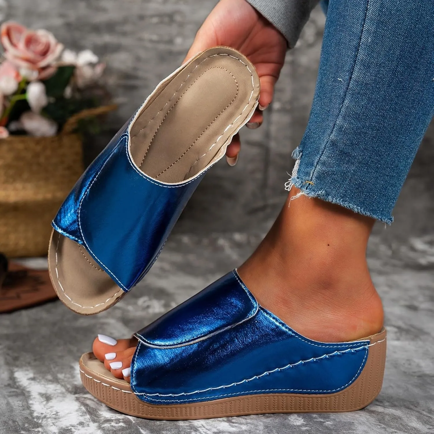 Wedge Sandals for Women 2025 Wide Width Orthopedic Arch Support Sandals Summer Breathable Slip on Slippers Boho Beach Platform Sandals