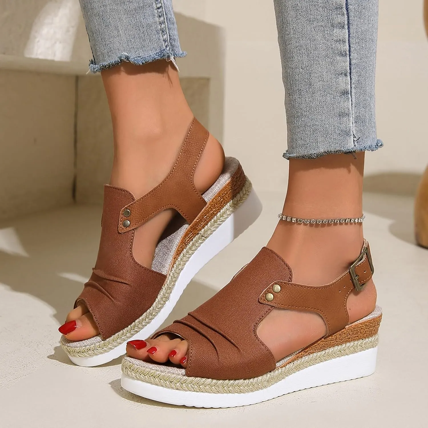 Wedge Sandals for Women Espadrilles Dressy Orthotic Platform Sandal Open Toe Comfortable Summer Shoes with Ankle Strap