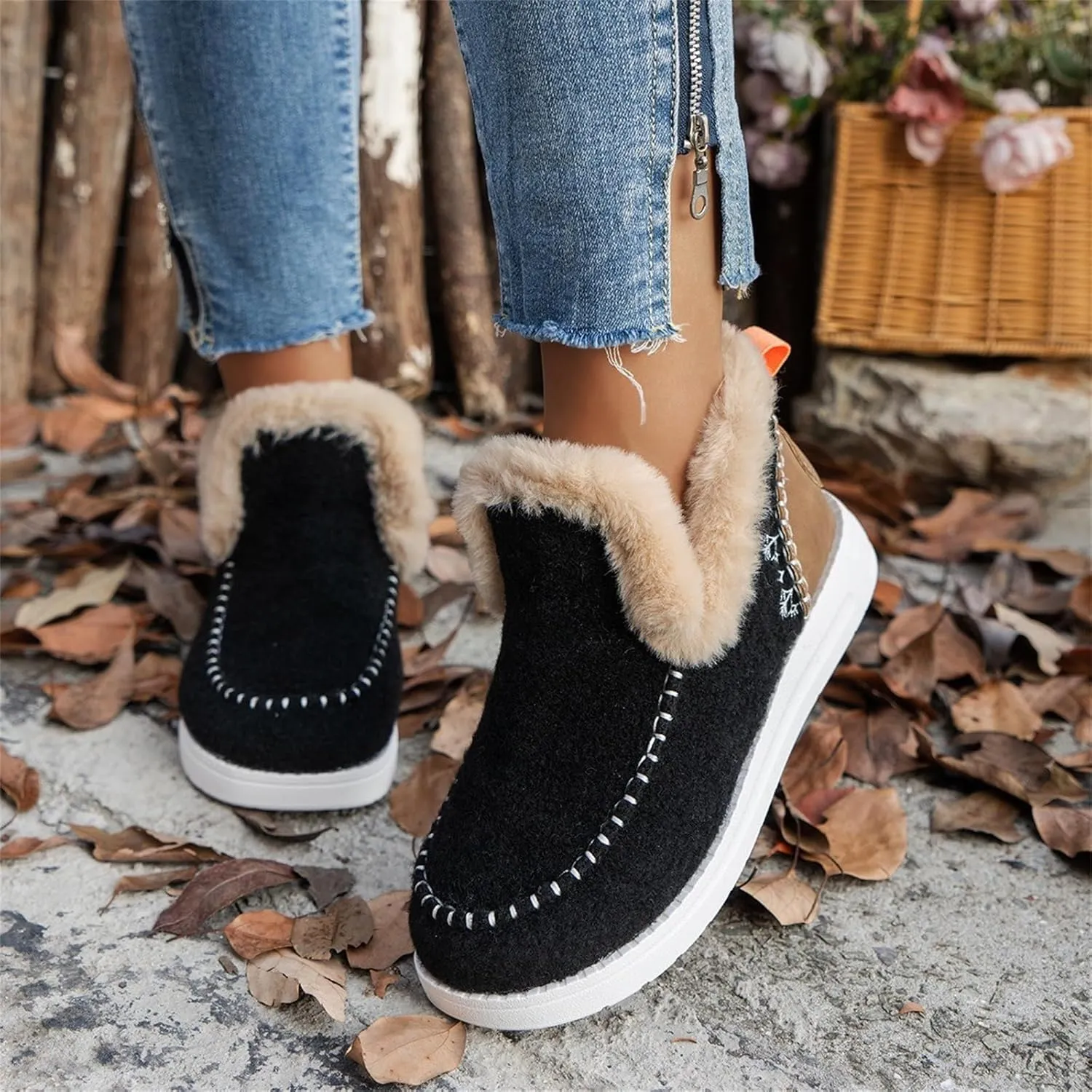 Winter Boots For Women 2024 Dressy Casual Slip-on Warm Loafers Shoes Faux Fur-Lined Comfortable Snow Ankle Boots