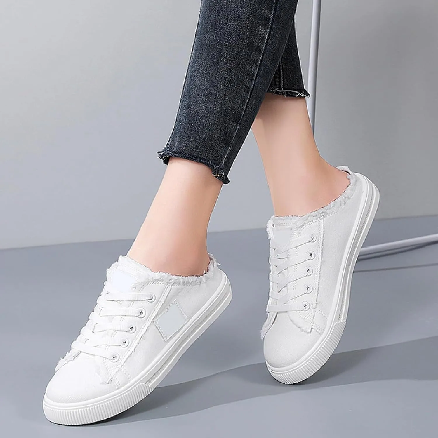 Women Canvas Mules Fashion Casual Slip on Solid Color Canvas Slippers Summer Lightweight Closed Toe Open Back Low Top and Lace up Walking Shoes Classic Comfort Flats