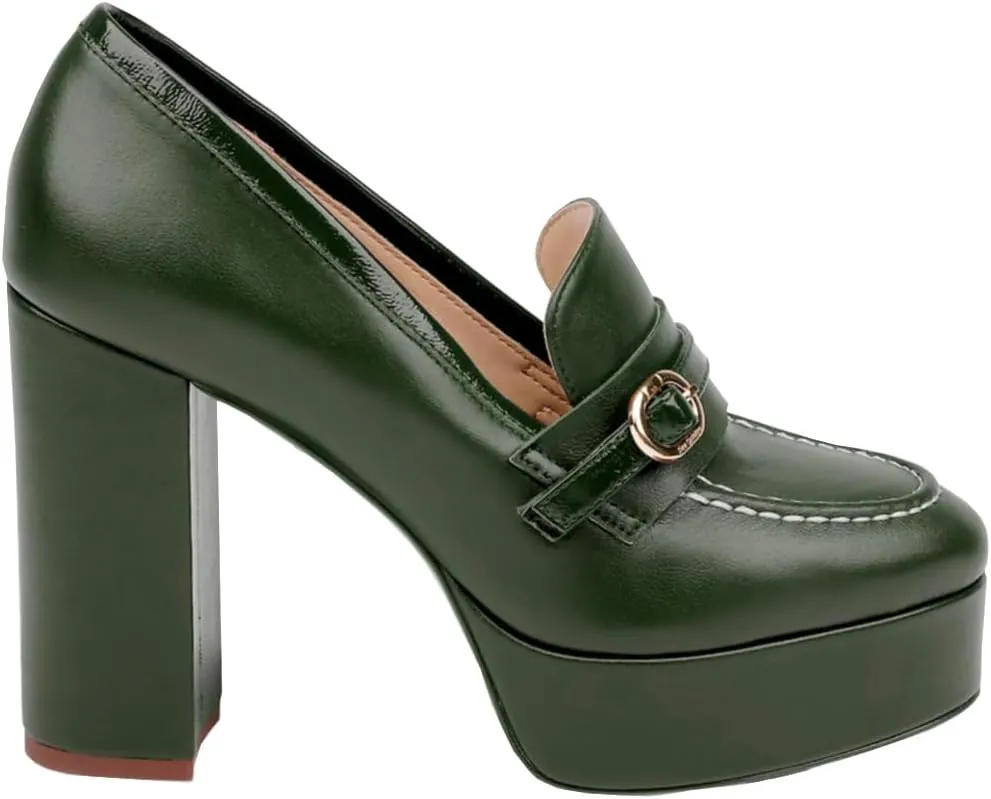 Women Chunky High Heel Platform Loafers Closed Round Toe Heels Loafers Buckle Matte 4 inch Block Heel Penny Loafers Pumps Platform Slip On Dress Heels Office Retro Chic Size 4-11 M US