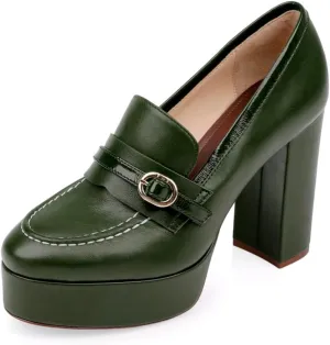 Women Chunky High Heel Platform Loafers Closed Round Toe Heels Loafers Buckle Matte 4 inch Block Heel Penny Loafers Pumps Platform Slip On Dress Heels Office Retro Chic Size 4-11 M US