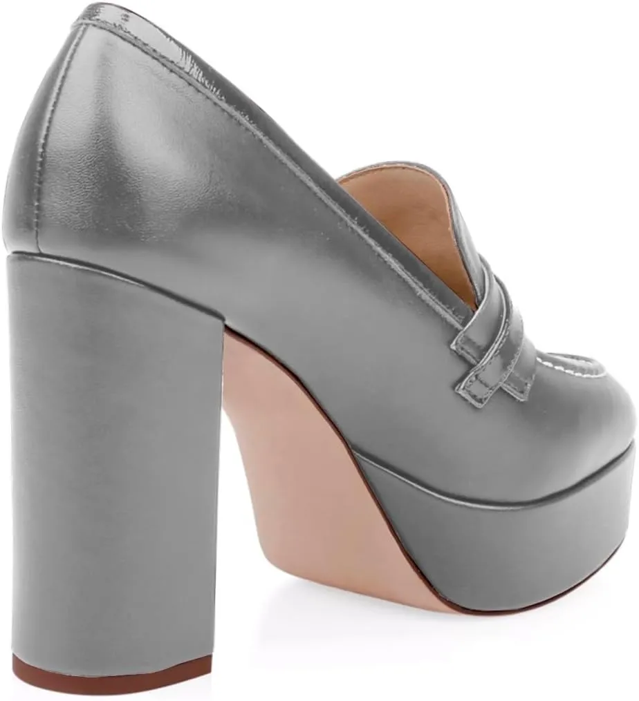 Women Chunky High Heel Platform Loafers Closed Round Toe Heels Loafers Buckle Matte 4 inch Block Heel Penny Loafers Pumps Platform Slip On Dress Heels Office Retro Chic Size 4-11 M US