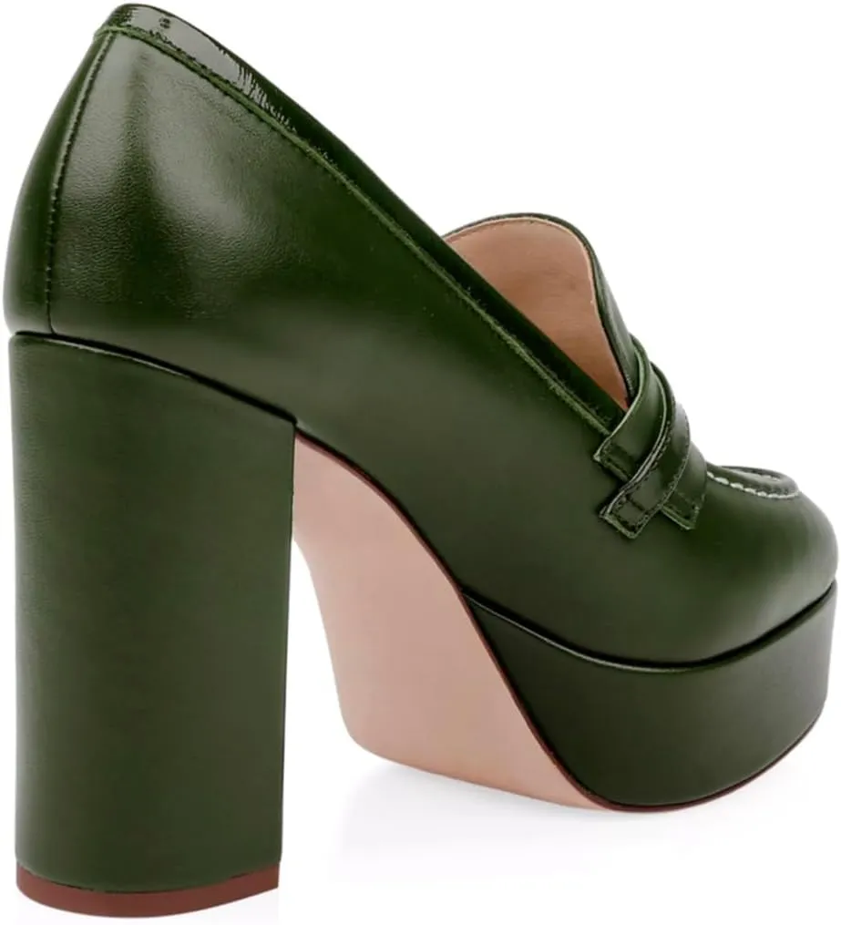 Women Chunky High Heel Platform Loafers Closed Round Toe Heels Loafers Buckle Matte 4 inch Block Heel Penny Loafers Pumps Platform Slip On Dress Heels Office Retro Chic Size 4-11 M US