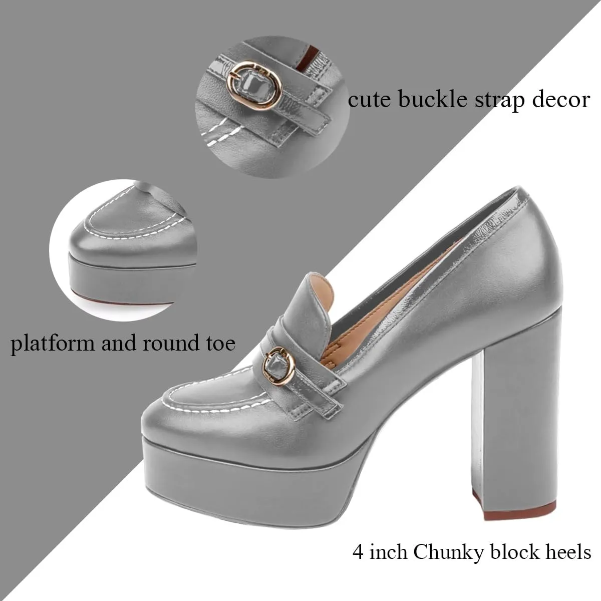 Women Chunky High Heel Platform Loafers Closed Round Toe Heels Loafers Buckle Matte 4 inch Block Heel Penny Loafers Pumps Platform Slip On Dress Heels Office Retro Chic Size 4-11 M US