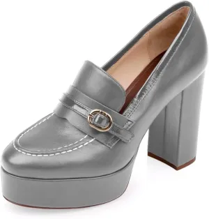 Women Chunky High Heel Platform Loafers Closed Round Toe Heels Loafers Buckle Matte 4 inch Block Heel Penny Loafers Pumps Platform Slip On Dress Heels Office Retro Chic Size 4-11 M US