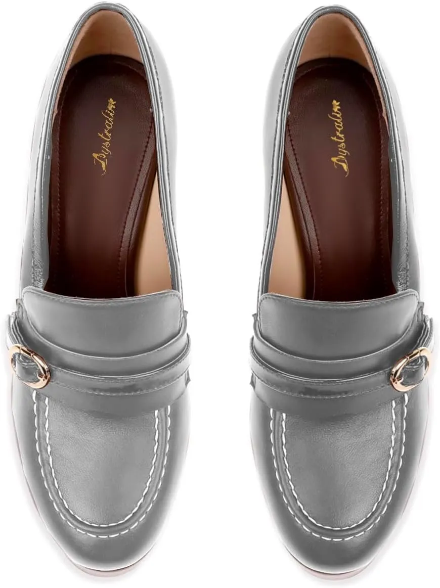 Women Chunky High Heel Platform Loafers Closed Round Toe Heels Loafers Buckle Matte 4 inch Block Heel Penny Loafers Pumps Platform Slip On Dress Heels Office Retro Chic Size 4-11 M US