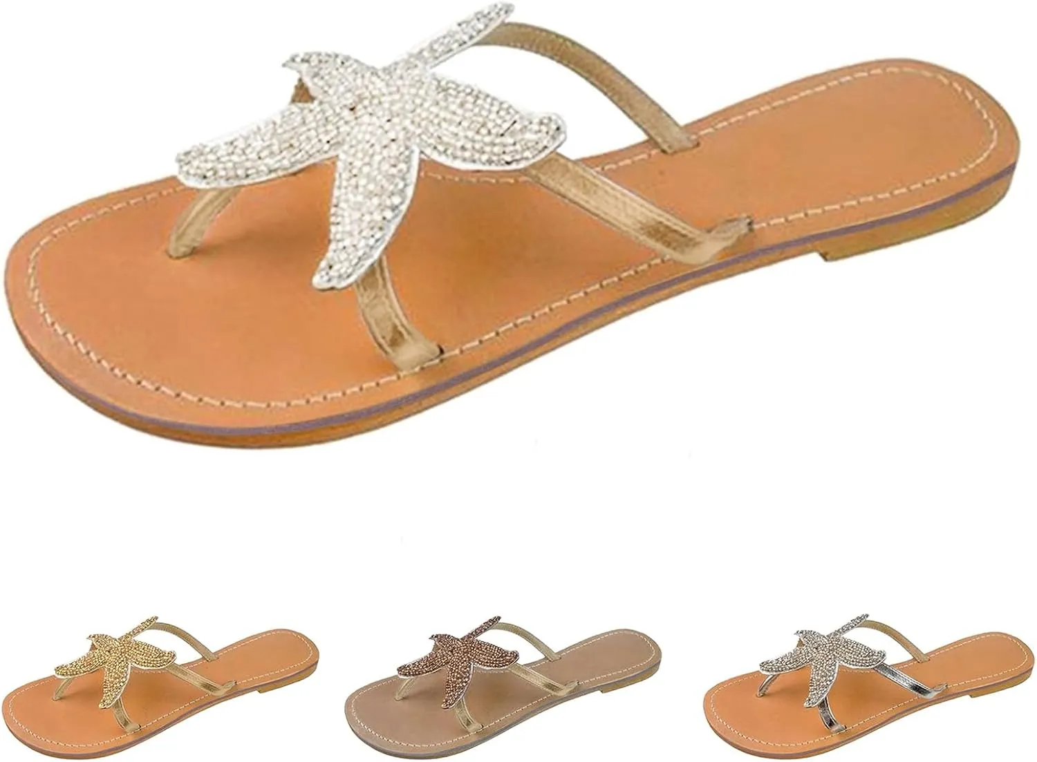 Women Flip Flops Breathable Slip On Flat Sandals Cute Starfish Bling Rhinestone Pearl Flat Slippers Summer Open Toe Slide Beach Swimming Thong Flip Flops Dressy Casual Walking Shoes