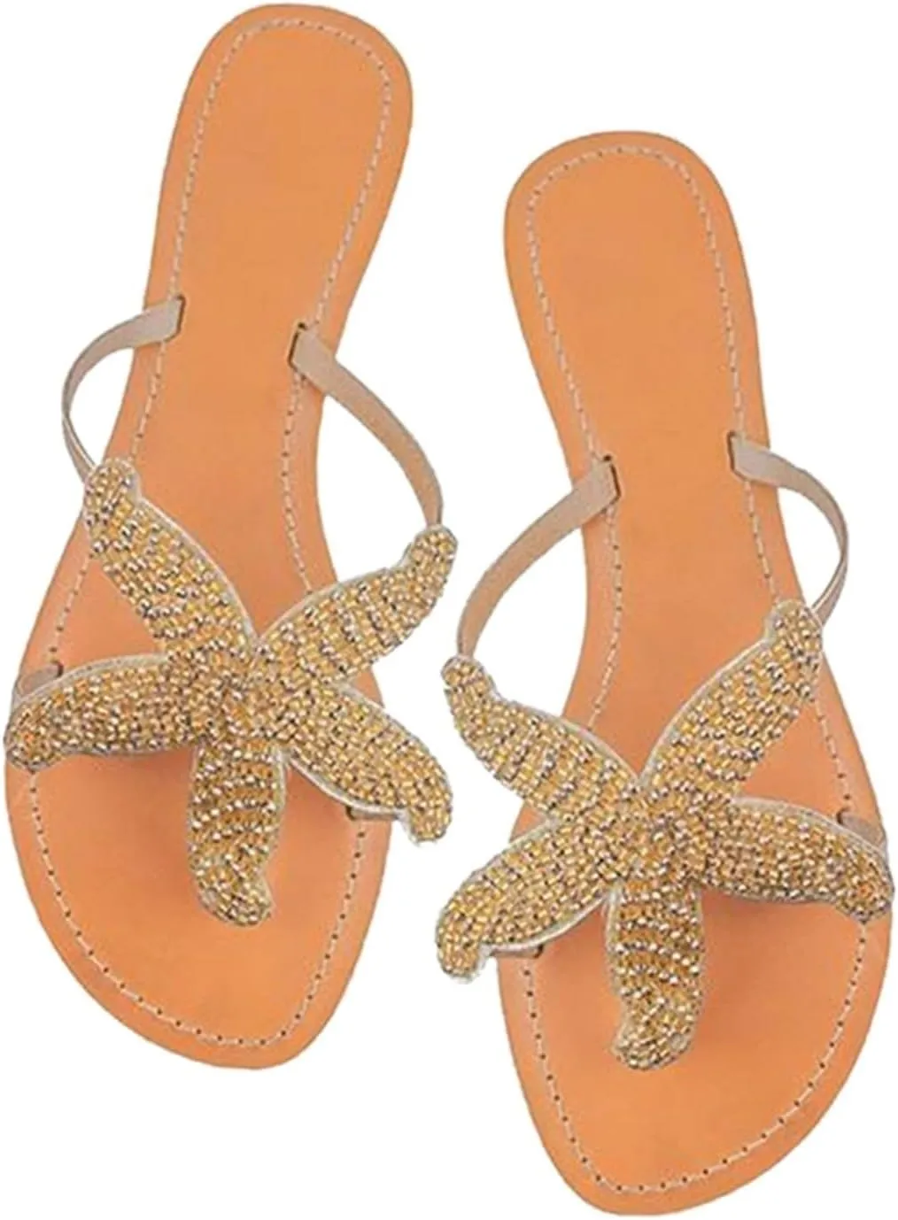 Women Flip Flops Breathable Slip On Flat Sandals Cute Starfish Bling Rhinestone Pearl Flat Slippers Summer Open Toe Slide Beach Swimming Thong Flip Flops Dressy Casual Walking Shoes