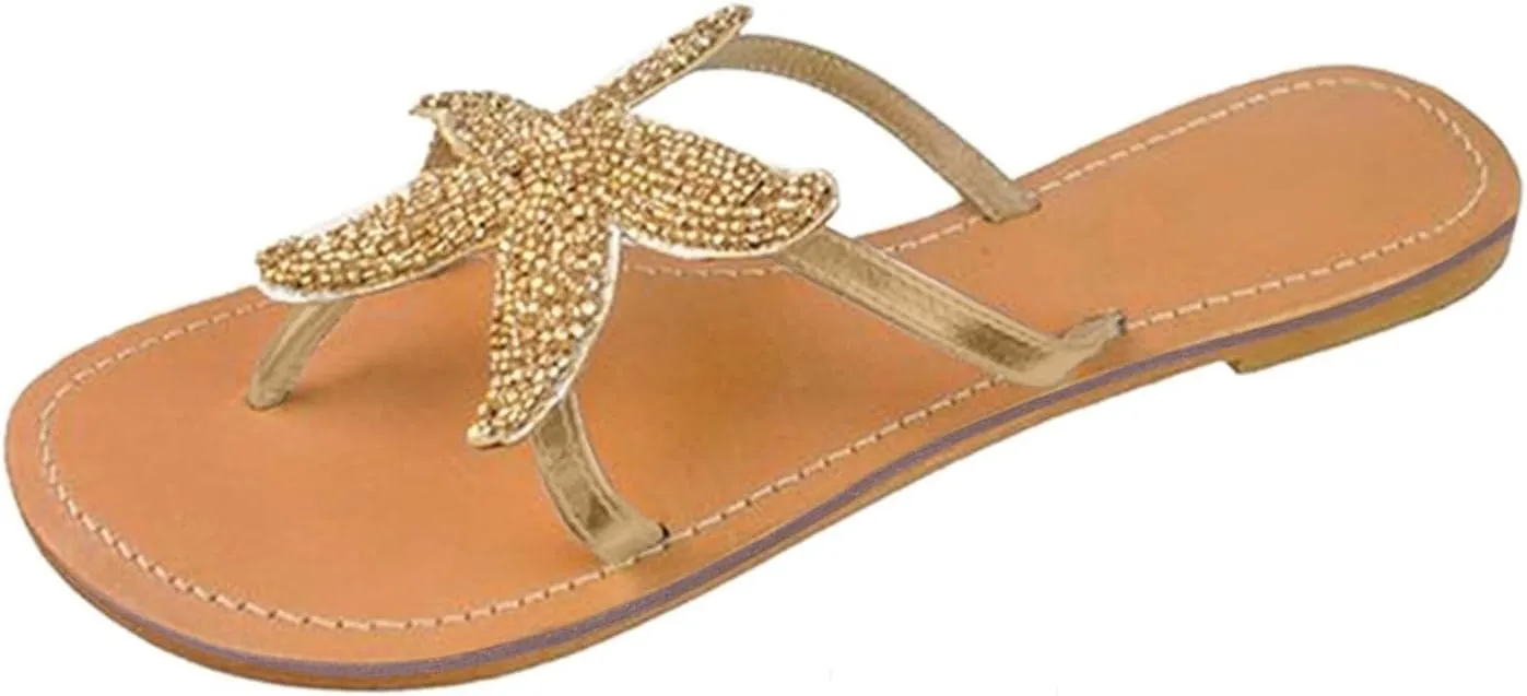 Women Flip Flops Breathable Slip On Flat Sandals Cute Starfish Bling Rhinestone Pearl Flat Slippers Summer Open Toe Slide Beach Swimming Thong Flip Flops Dressy Casual Walking Shoes