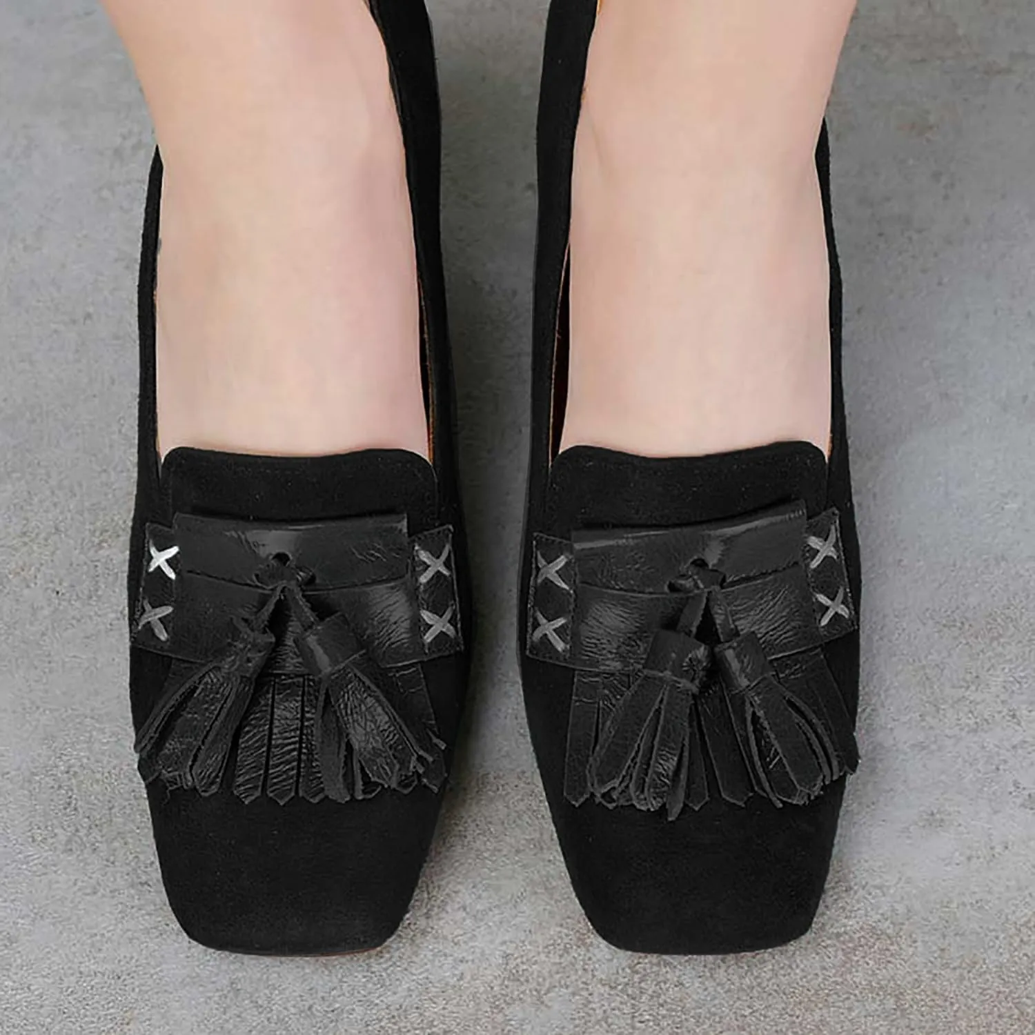 Women Fringe Loafer Block Heels Square Toe Chunky Heel Loafers Pumps Tassel Suede Slip On Dress Loafer Shoes Chunky High Heels Fringed Vintage Comfort Office Ladies Loafers 4-11 M US