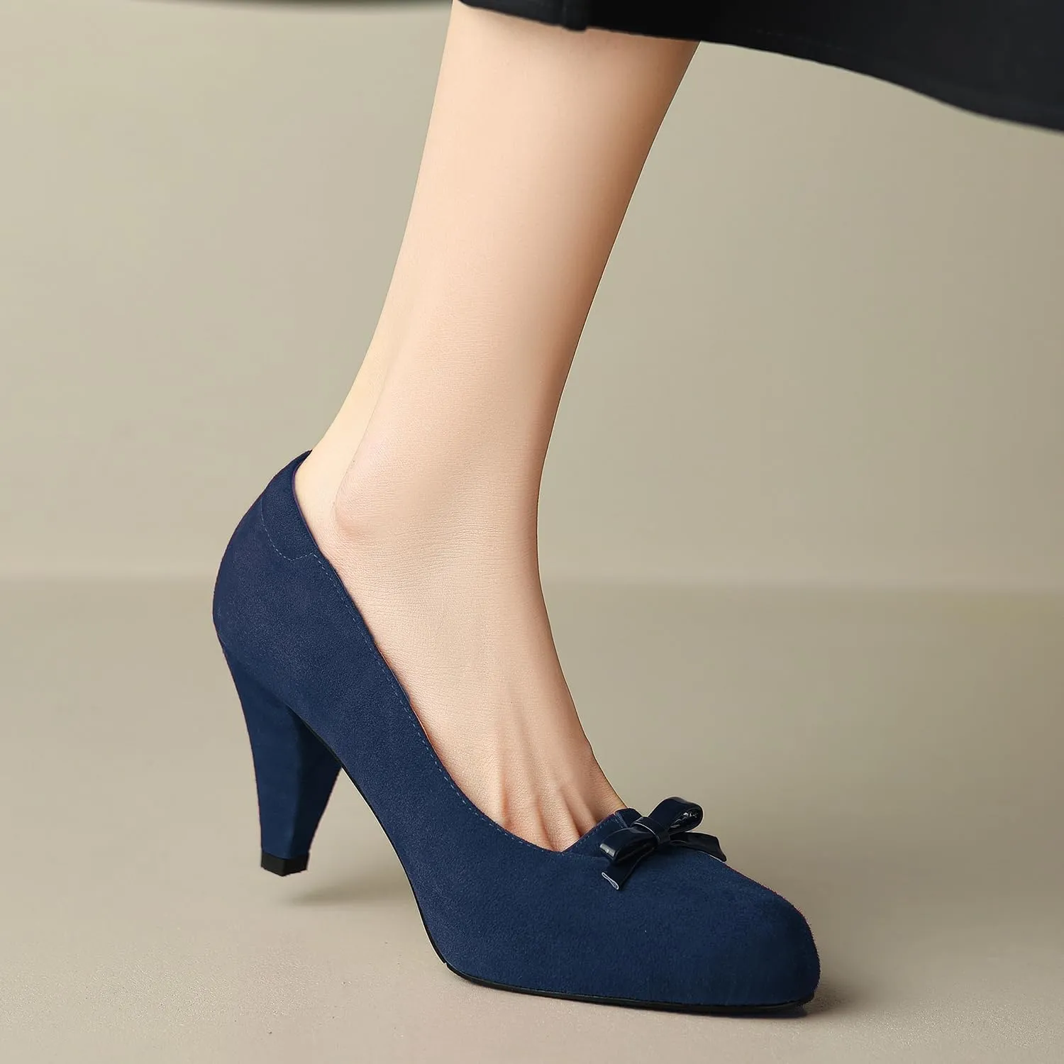 Women Round Toe Chunky Block Heel Pumps Bow Slip On Pump Shoes 3 inch Cone Heels Suede Closed Toe Bow Dress High Heels Loafers Sexy Elegant Retro Party Wedding Bridal Heels 4-11 M US