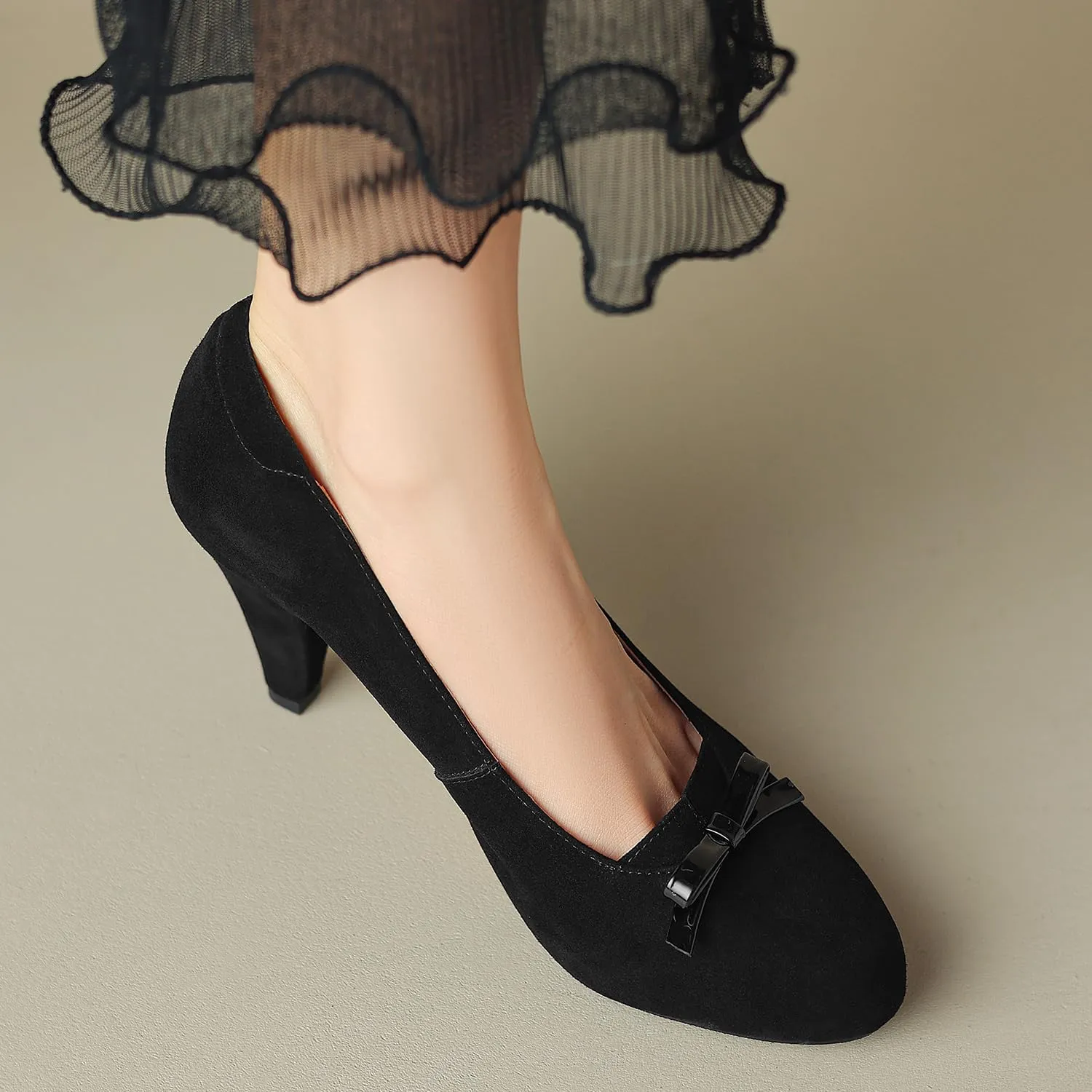 Women Round Toe Chunky Block Heel Pumps Bow Slip On Pump Shoes 3 inch Cone Heels Suede Closed Toe Bow Dress High Heels Loafers Sexy Elegant Retro Party Wedding Bridal Heels 4-11 M US