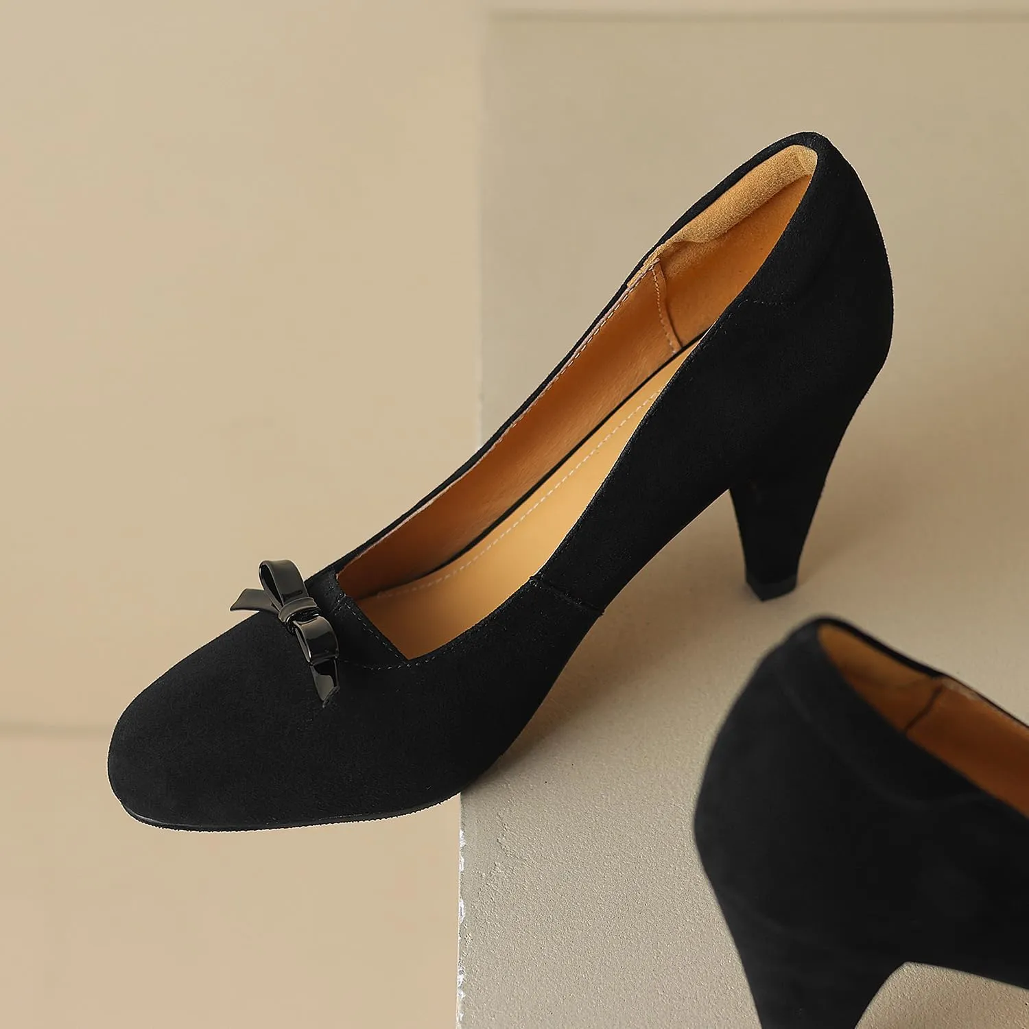 Women Round Toe Chunky Block Heel Pumps Bow Slip On Pump Shoes 3 inch Cone Heels Suede Closed Toe Bow Dress High Heels Loafers Sexy Elegant Retro Party Wedding Bridal Heels 4-11 M US