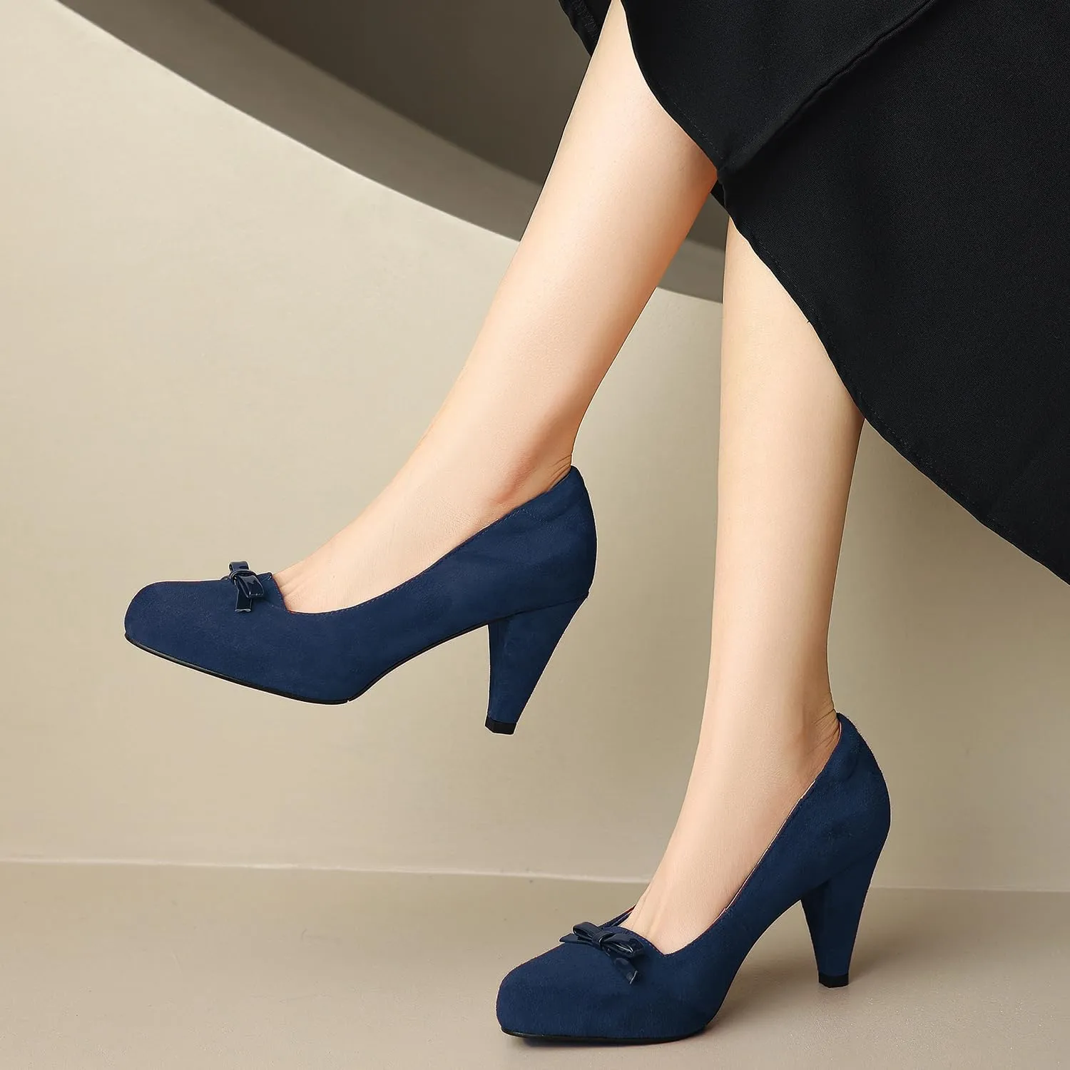 Women Round Toe Chunky Block Heel Pumps Bow Slip On Pump Shoes 3 inch Cone Heels Suede Closed Toe Bow Dress High Heels Loafers Sexy Elegant Retro Party Wedding Bridal Heels 4-11 M US