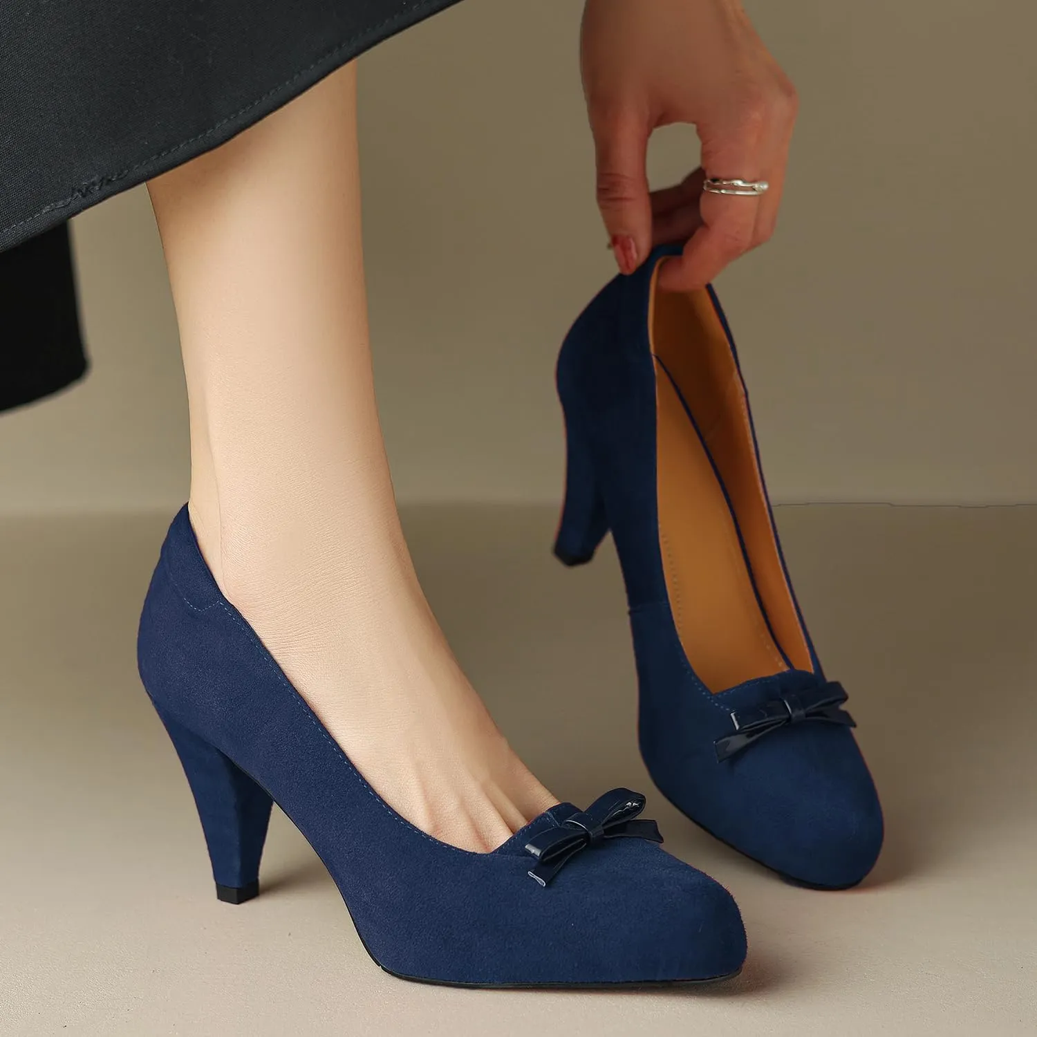 Women Round Toe Chunky Block Heel Pumps Bow Slip On Pump Shoes 3 inch Cone Heels Suede Closed Toe Bow Dress High Heels Loafers Sexy Elegant Retro Party Wedding Bridal Heels 4-11 M US