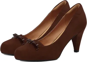 Women Round Toe Chunky Block Heel Pumps Bow Slip On Pump Shoes 3 inch Cone Heels Suede Closed Toe Bow Dress High Heels Loafers Sexy Elegant Retro Party Wedding Bridal Heels 4-11 M US