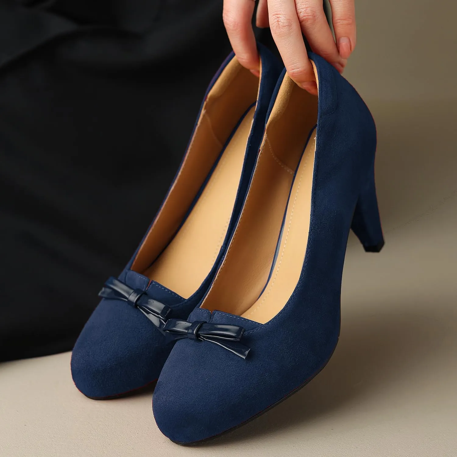 Women Round Toe Chunky Block Heel Pumps Bow Slip On Pump Shoes 3 inch Cone Heels Suede Closed Toe Bow Dress High Heels Loafers Sexy Elegant Retro Party Wedding Bridal Heels 4-11 M US