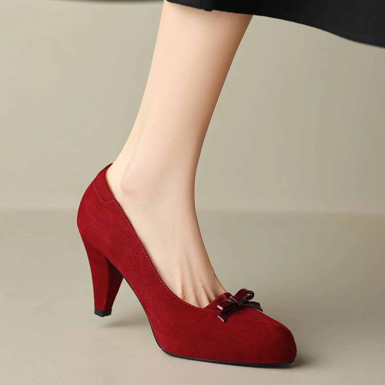Women Round Toe Chunky Block Heel Pumps Bow Slip On Pump Shoes 3 inch Cone Heels Suede Closed Toe Bow Dress High Heels Loafers Sexy Elegant Retro Party Wedding Bridal Heels 4-11 M US