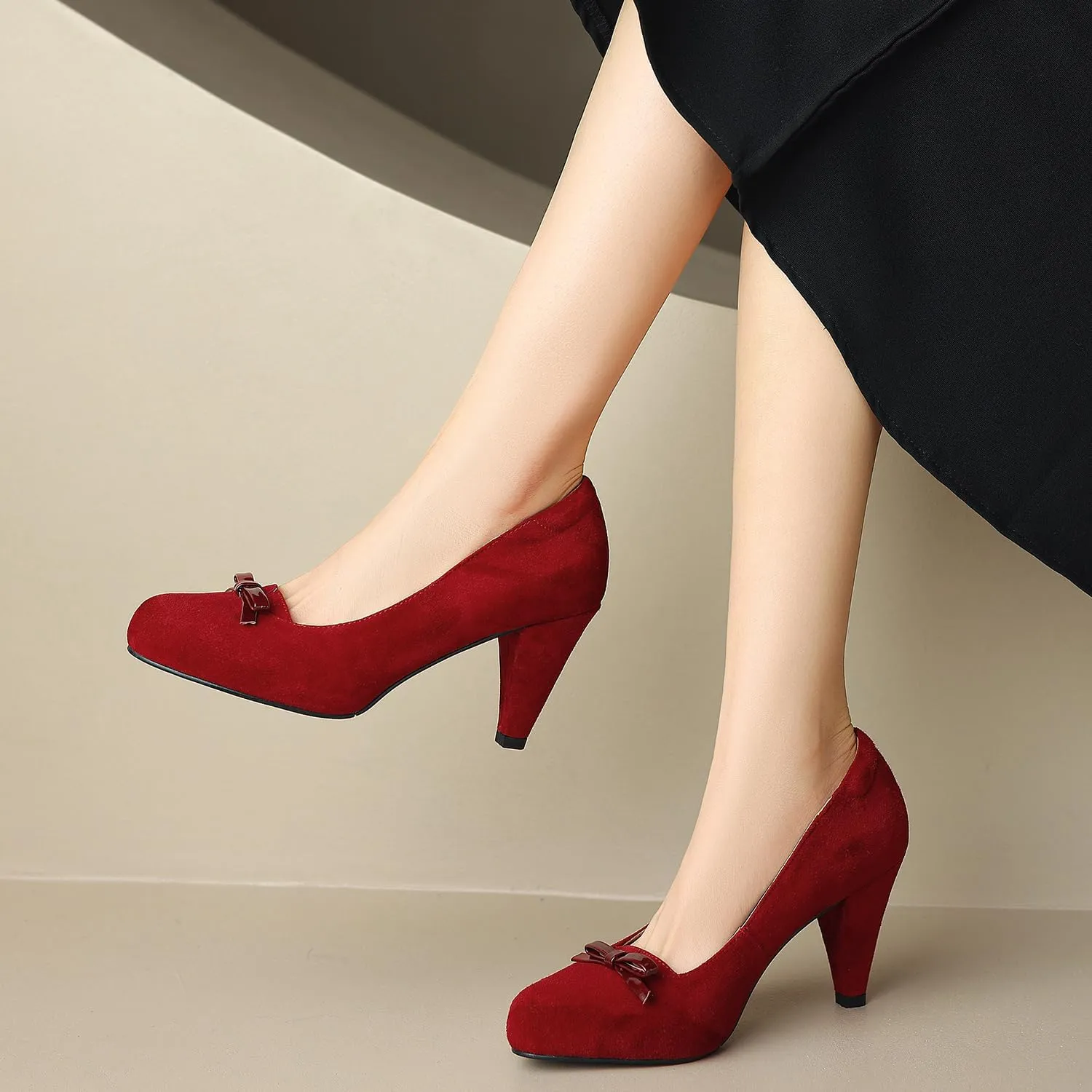 Women Round Toe Chunky Block Heel Pumps Bow Slip On Pump Shoes 3 inch Cone Heels Suede Closed Toe Bow Dress High Heels Loafers Sexy Elegant Retro Party Wedding Bridal Heels 4-11 M US