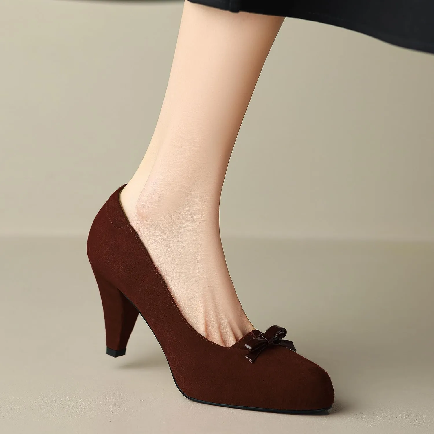 Women Round Toe Chunky Block Heel Pumps Bow Slip On Pump Shoes 3 inch Cone Heels Suede Closed Toe Bow Dress High Heels Loafers Sexy Elegant Retro Party Wedding Bridal Heels 4-11 M US