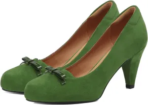 Women Round Toe Chunky Block Heel Pumps Bow Slip On Pump Shoes 3 inch Cone Heels Suede Closed Toe Bow Dress High Heels Loafers Sexy Elegant Retro Party Wedding Bridal Heels 4-11 M US