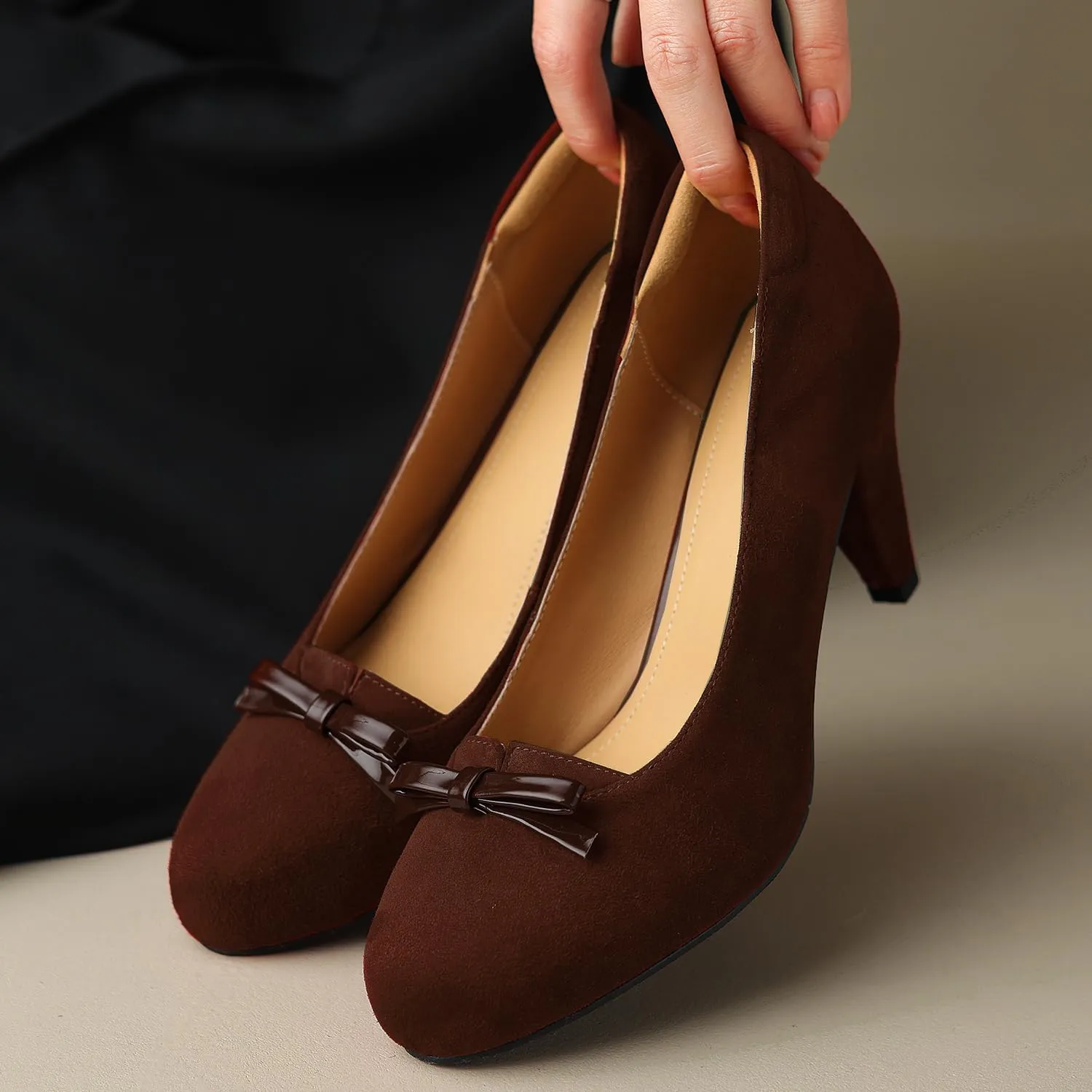 Women Round Toe Chunky Block Heel Pumps Bow Slip On Pump Shoes 3 inch Cone Heels Suede Closed Toe Bow Dress High Heels Loafers Sexy Elegant Retro Party Wedding Bridal Heels 4-11 M US