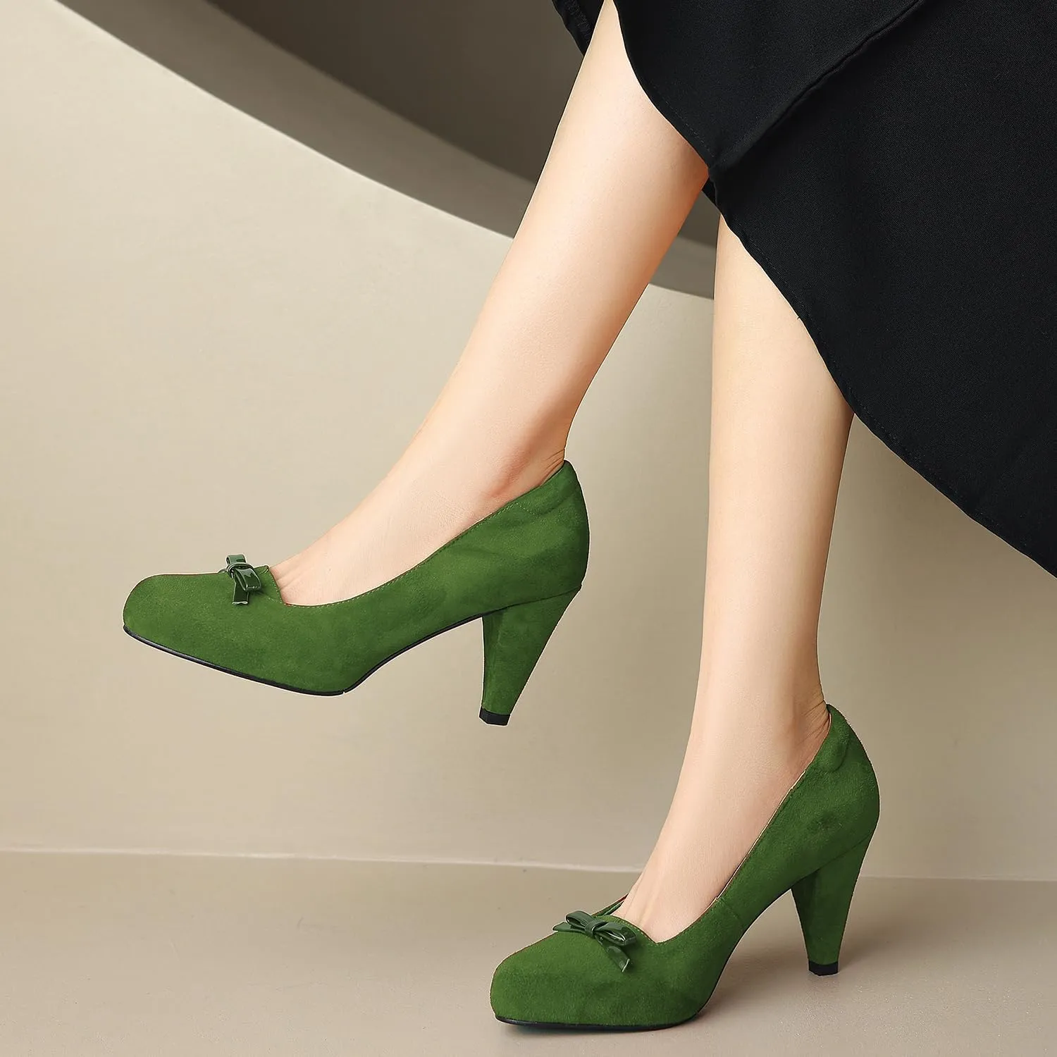 Women Round Toe Chunky Block Heel Pumps Bow Slip On Pump Shoes 3 inch Cone Heels Suede Closed Toe Bow Dress High Heels Loafers Sexy Elegant Retro Party Wedding Bridal Heels 4-11 M US