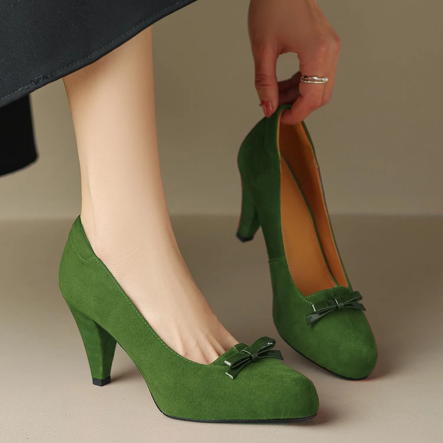 Women Round Toe Chunky Block Heel Pumps Bow Slip On Pump Shoes 3 inch Cone Heels Suede Closed Toe Bow Dress High Heels Loafers Sexy Elegant Retro Party Wedding Bridal Heels 4-11 M US