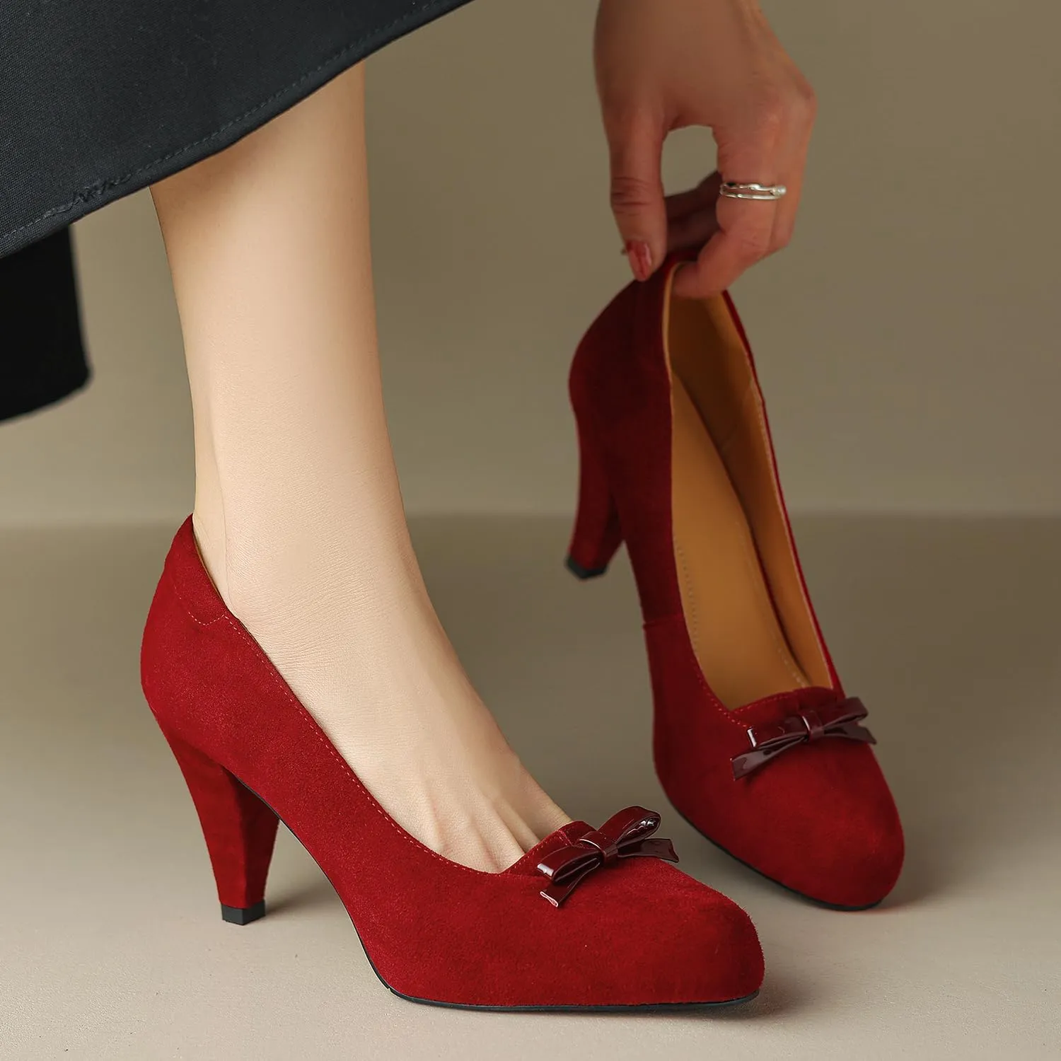 Women Round Toe Chunky Block Heel Pumps Bow Slip On Pump Shoes 3 inch Cone Heels Suede Closed Toe Bow Dress High Heels Loafers Sexy Elegant Retro Party Wedding Bridal Heels 4-11 M US