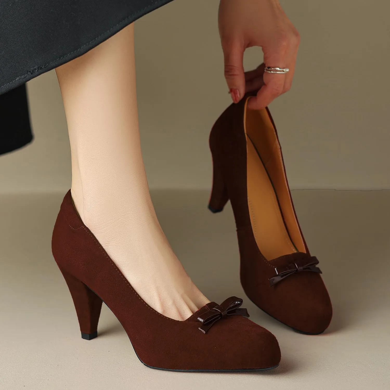 Women Round Toe Chunky Block Heel Pumps Bow Slip On Pump Shoes 3 inch Cone Heels Suede Closed Toe Bow Dress High Heels Loafers Sexy Elegant Retro Party Wedding Bridal Heels 4-11 M US