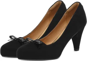Women Round Toe Chunky Block Heel Pumps Bow Slip On Pump Shoes 3 inch Cone Heels Suede Closed Toe Bow Dress High Heels Loafers Sexy Elegant Retro Party Wedding Bridal Heels 4-11 M US