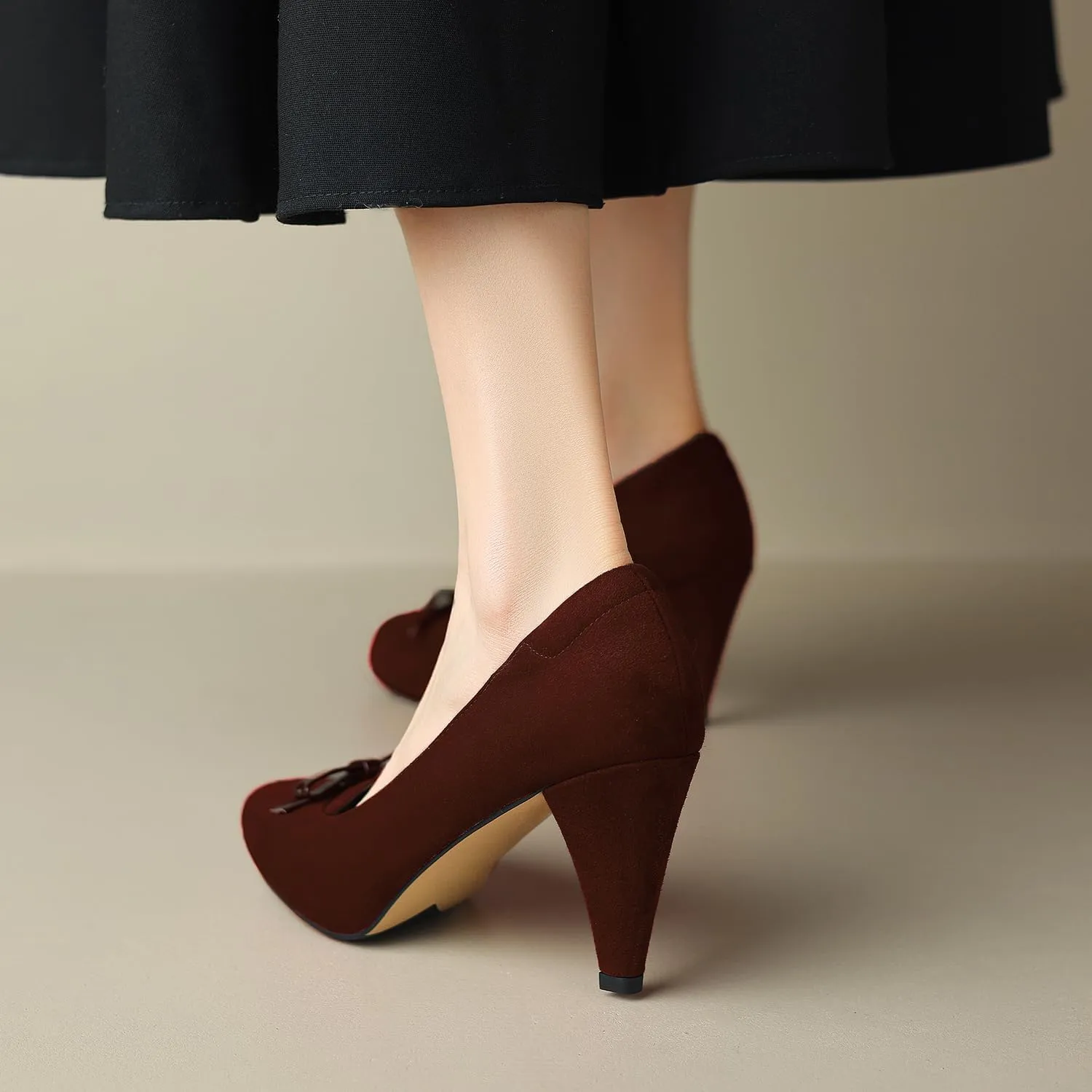 Women Round Toe Chunky Block Heel Pumps Bow Slip On Pump Shoes 3 inch Cone Heels Suede Closed Toe Bow Dress High Heels Loafers Sexy Elegant Retro Party Wedding Bridal Heels 4-11 M US