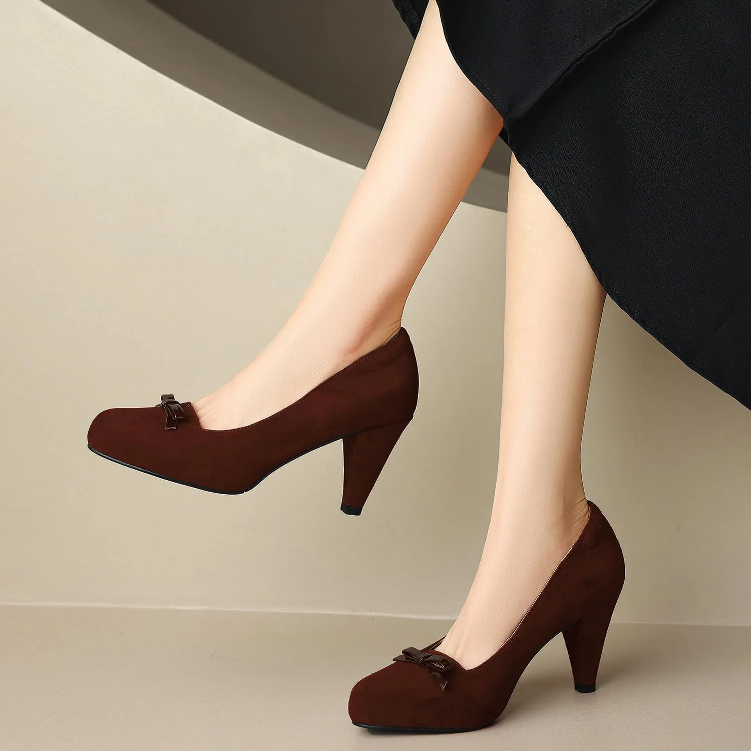 Women Round Toe Chunky Block Heel Pumps Bow Slip On Pump Shoes 3 inch Cone Heels Suede Closed Toe Bow Dress High Heels Loafers Sexy Elegant Retro Party Wedding Bridal Heels 4-11 M US