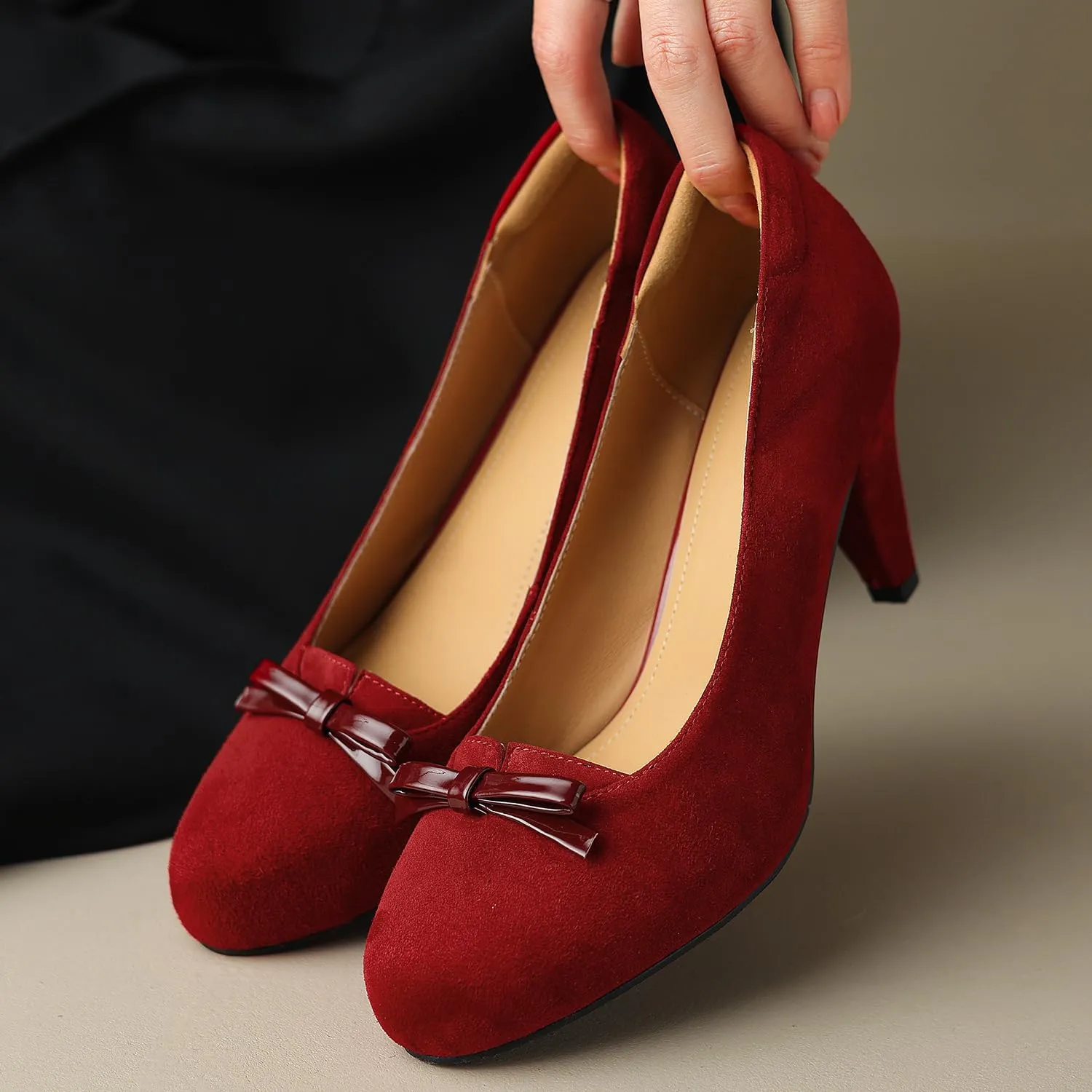 Women Round Toe Chunky Block Heel Pumps Bow Slip On Pump Shoes 3 inch Cone Heels Suede Closed Toe Bow Dress High Heels Loafers Sexy Elegant Retro Party Wedding Bridal Heels 4-11 M US