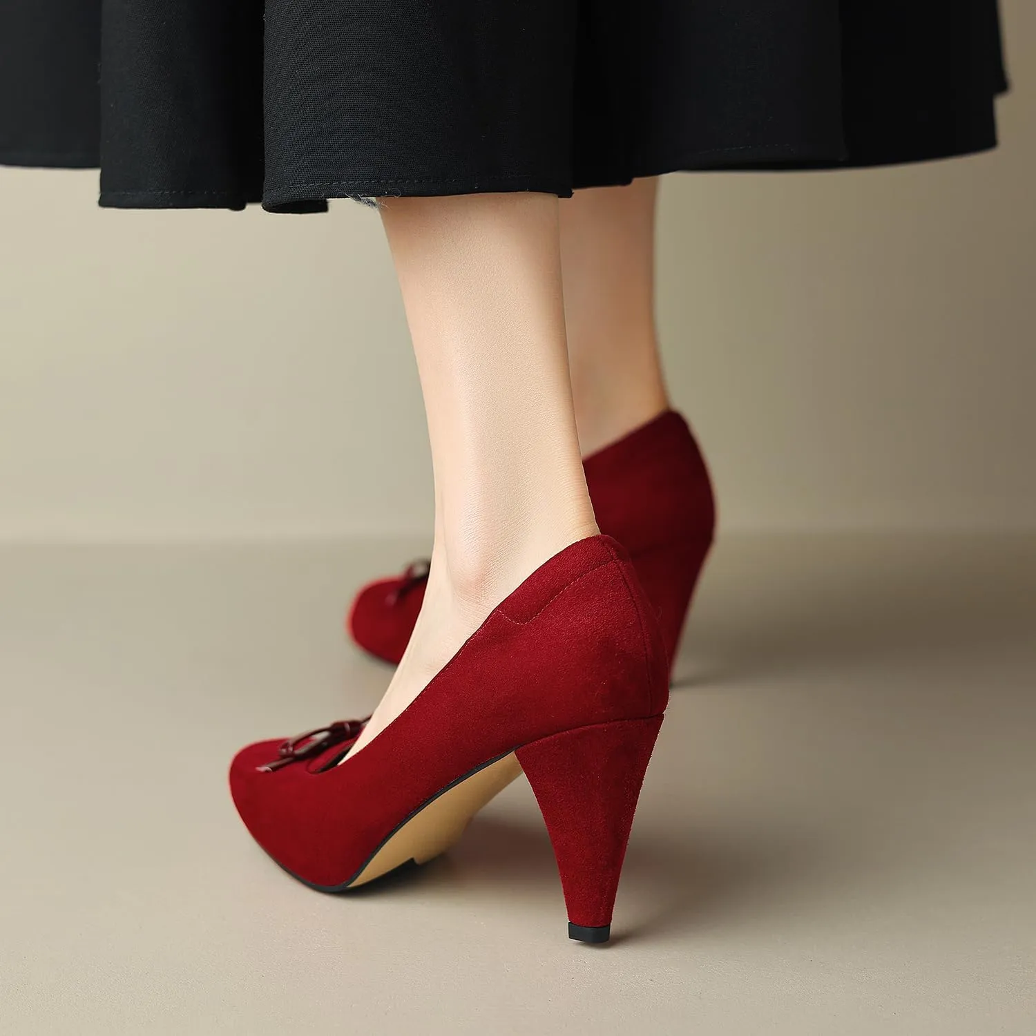 Women Round Toe Chunky Block Heel Pumps Bow Slip On Pump Shoes 3 inch Cone Heels Suede Closed Toe Bow Dress High Heels Loafers Sexy Elegant Retro Party Wedding Bridal Heels 4-11 M US
