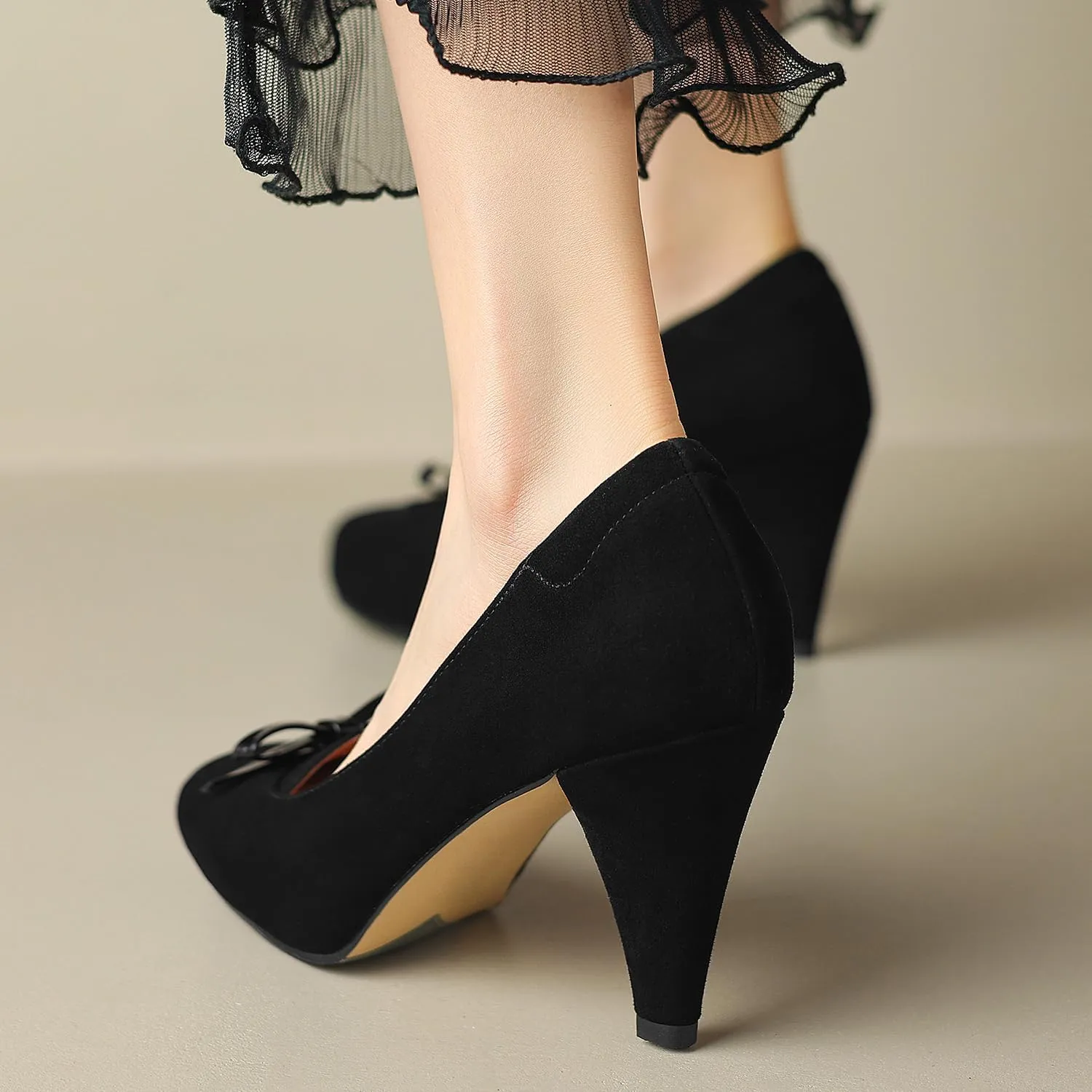 Women Round Toe Chunky Block Heel Pumps Bow Slip On Pump Shoes 3 inch Cone Heels Suede Closed Toe Bow Dress High Heels Loafers Sexy Elegant Retro Party Wedding Bridal Heels 4-11 M US