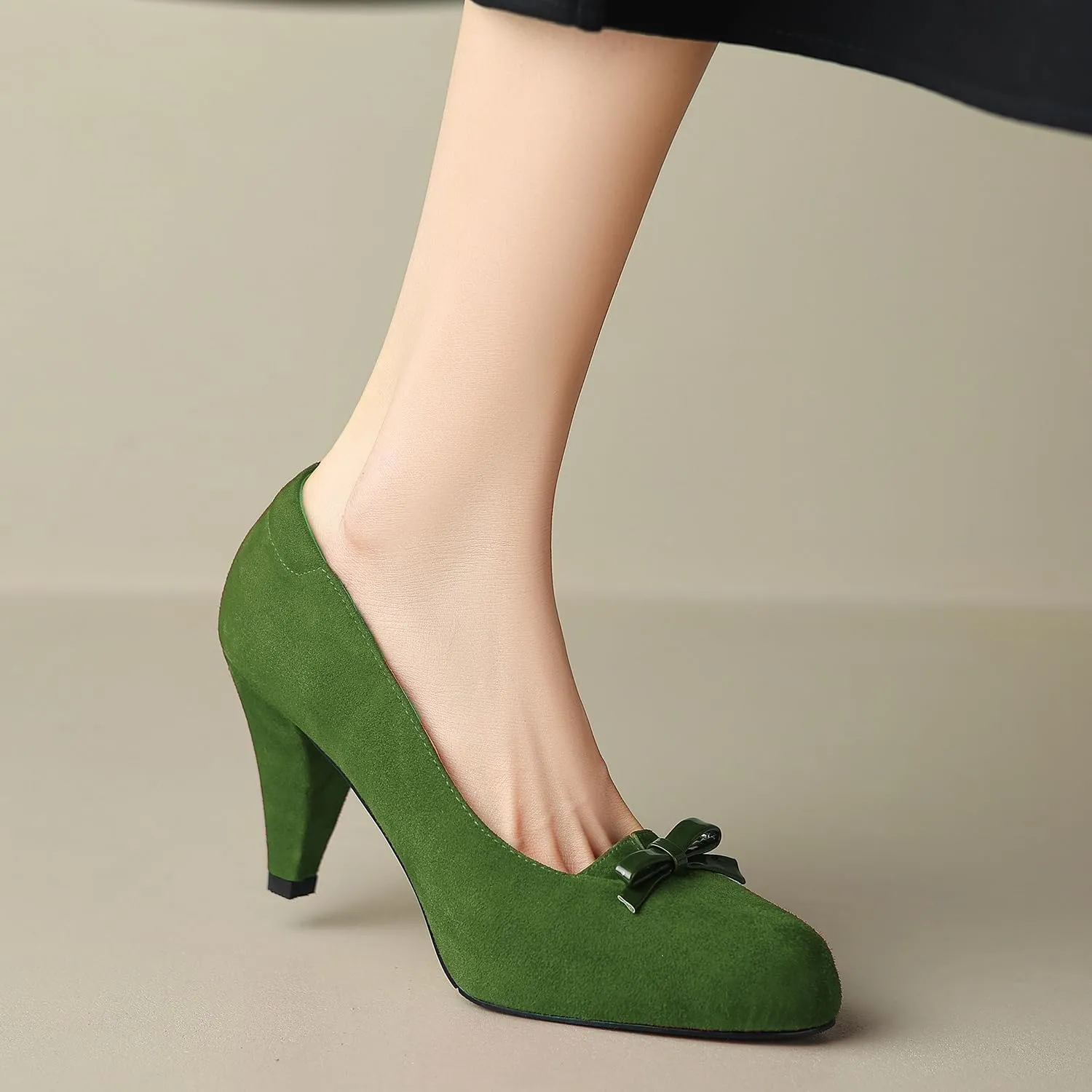 Women Round Toe Chunky Block Heel Pumps Bow Slip On Pump Shoes 3 inch Cone Heels Suede Closed Toe Bow Dress High Heels Loafers Sexy Elegant Retro Party Wedding Bridal Heels 4-11 M US
