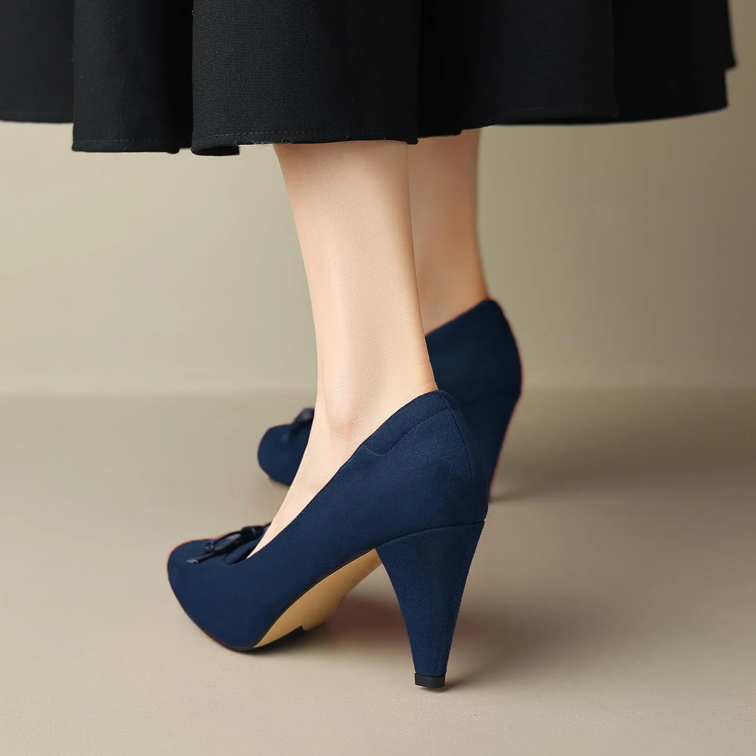 Women Round Toe Chunky Block Heel Pumps Bow Slip On Pump Shoes 3 inch Cone Heels Suede Closed Toe Bow Dress High Heels Loafers Sexy Elegant Retro Party Wedding Bridal Heels 4-11 M US